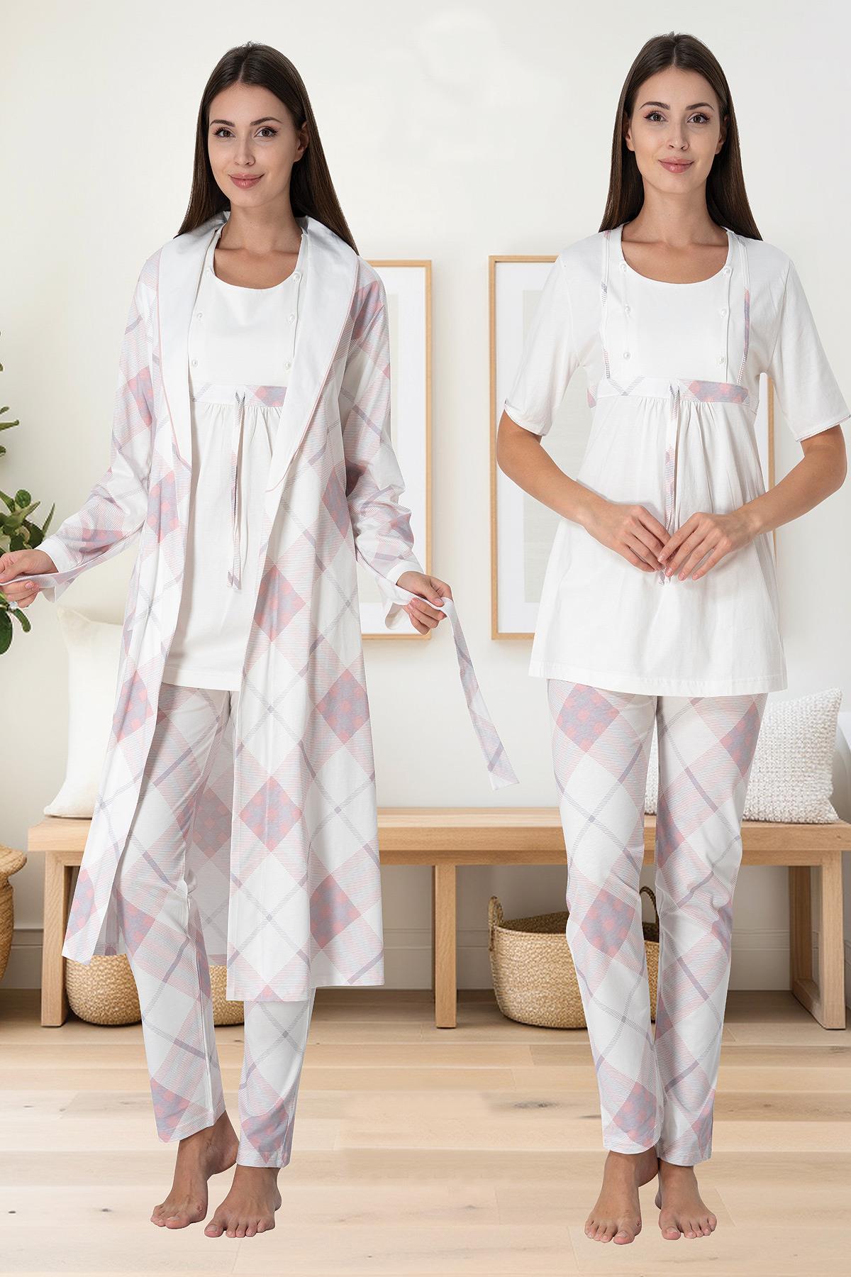 Effortt 6024 Ekru Pudra Emzirme Özellikli Sabahlıklı Lohusa Pijama Takımı