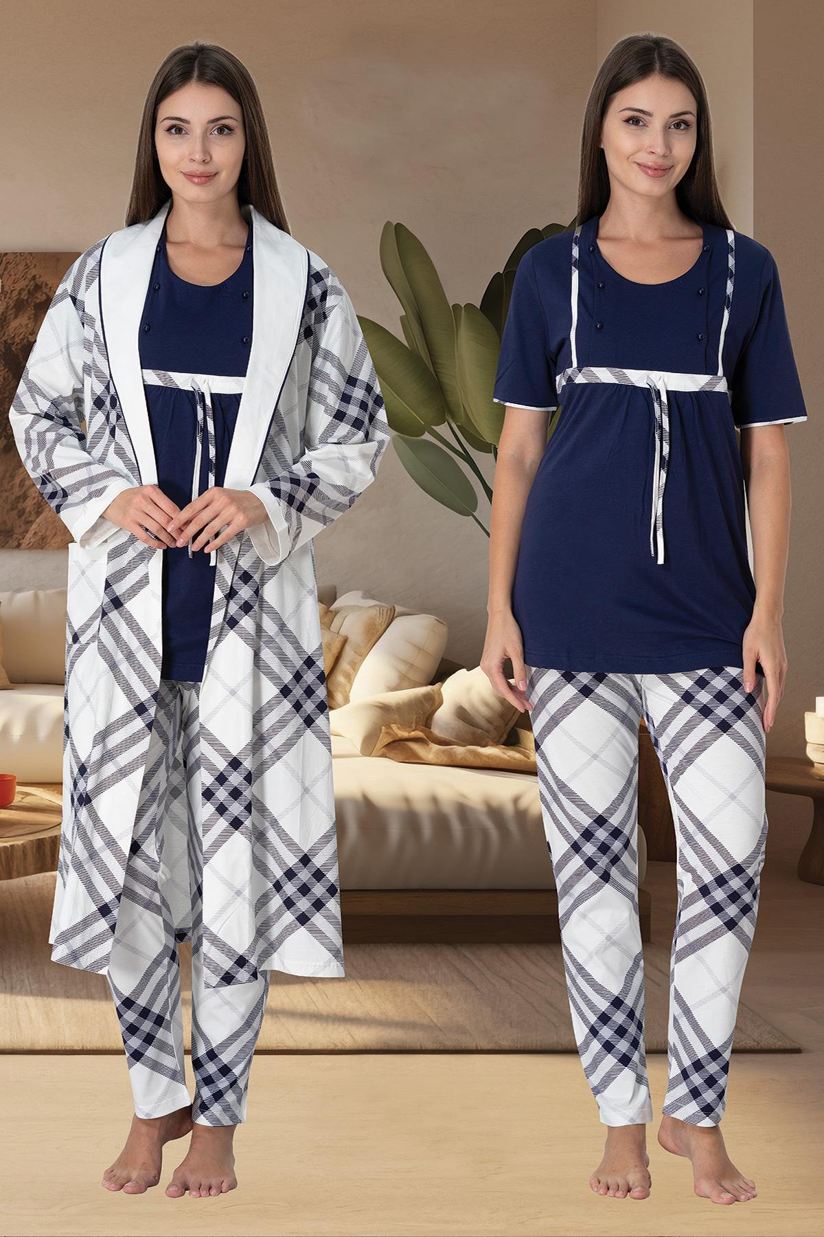 Effortt 6024 Lacivert Emzirme Özellikli Sabahlıklı Lohusa Pijama Takımı