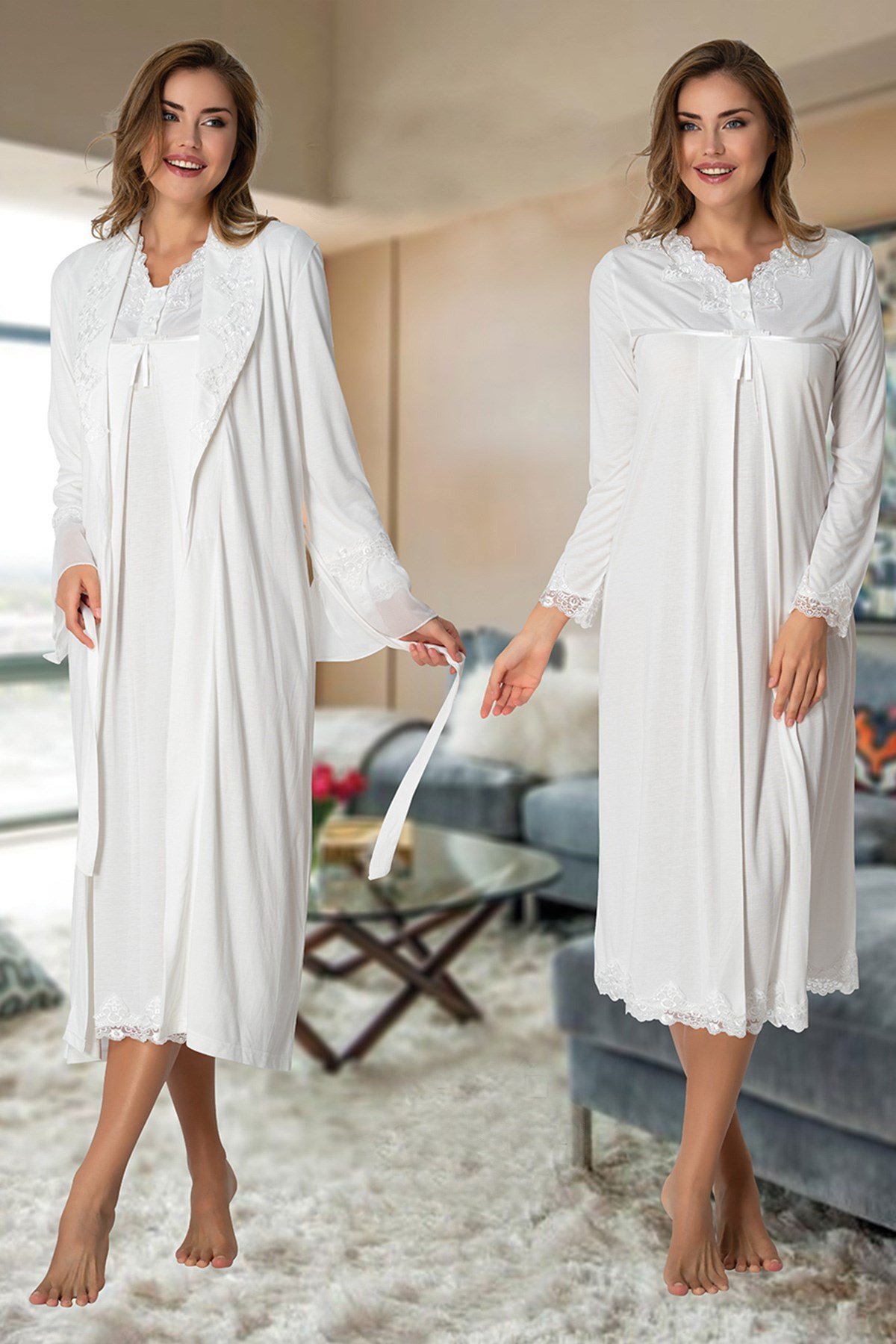 Effortt 7035 Dantel Sabahlıklı Lohusa Gecelik Takımı