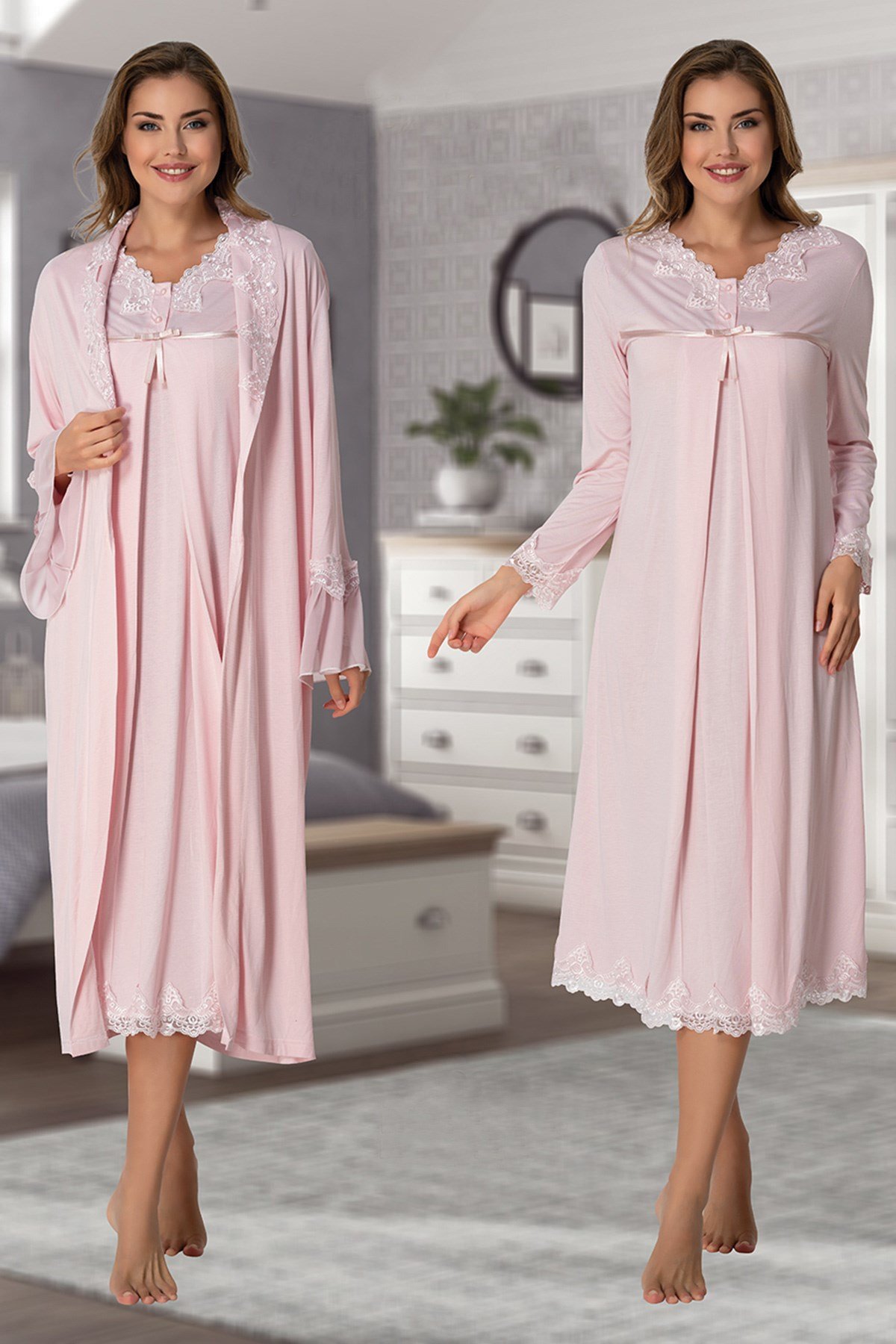 Effortt 7035 Pudra Pembe Dantel Sabahlıklı Lohusa Gecelik Takımı