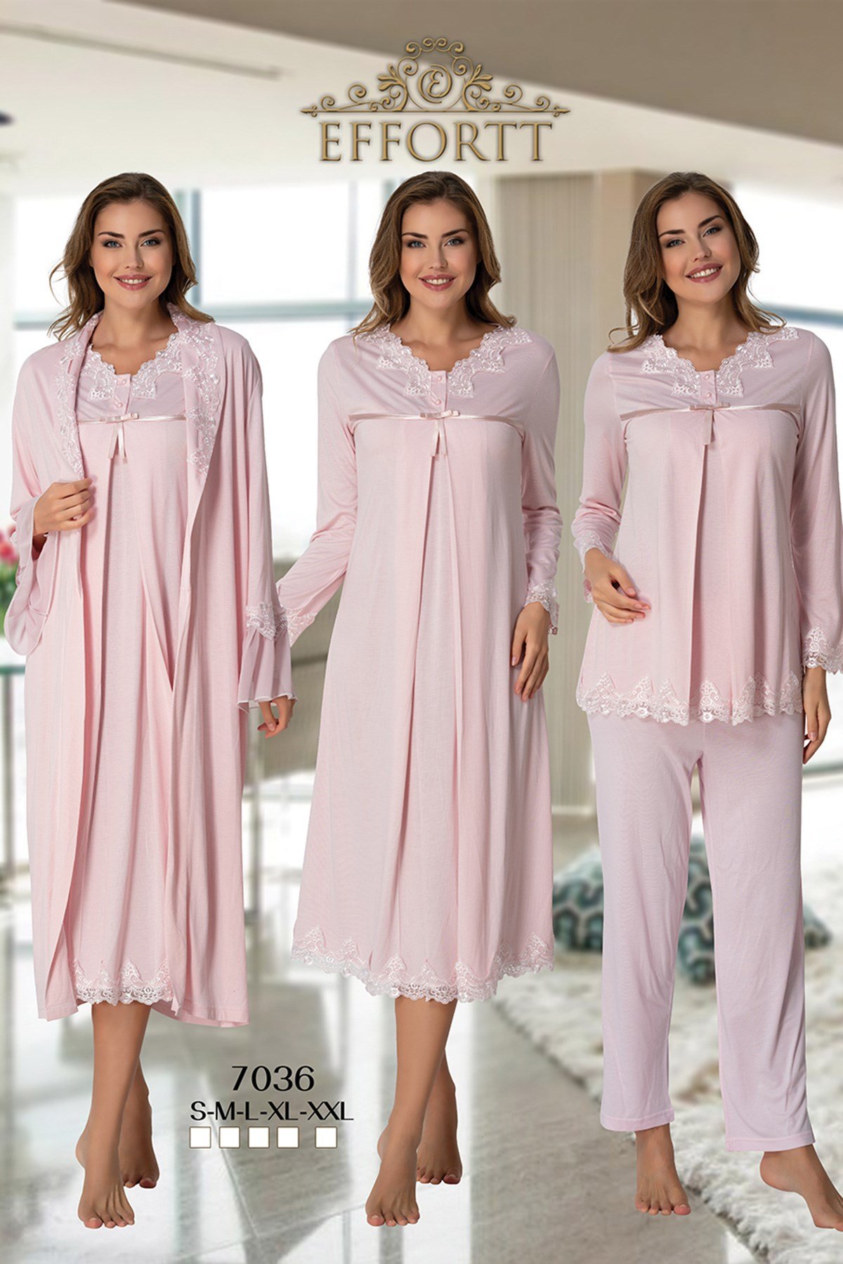 Effortt 7036 Pudra Pembe Dantel Yaka Lohusa Hamile 4'lü Set