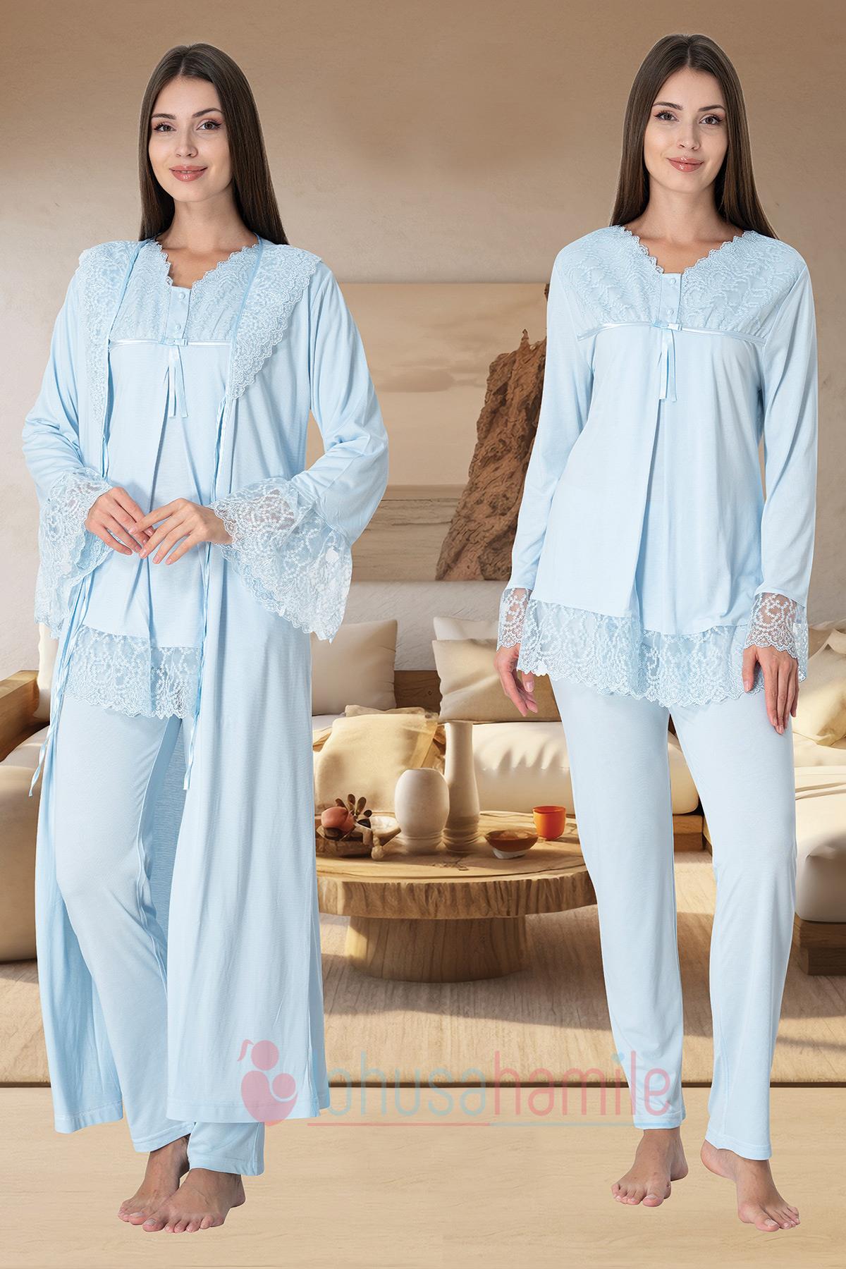 Effortt 7044 Baby Blue Sleeves Guipure Lace Detailed Maternity Pajama with Robe Sets