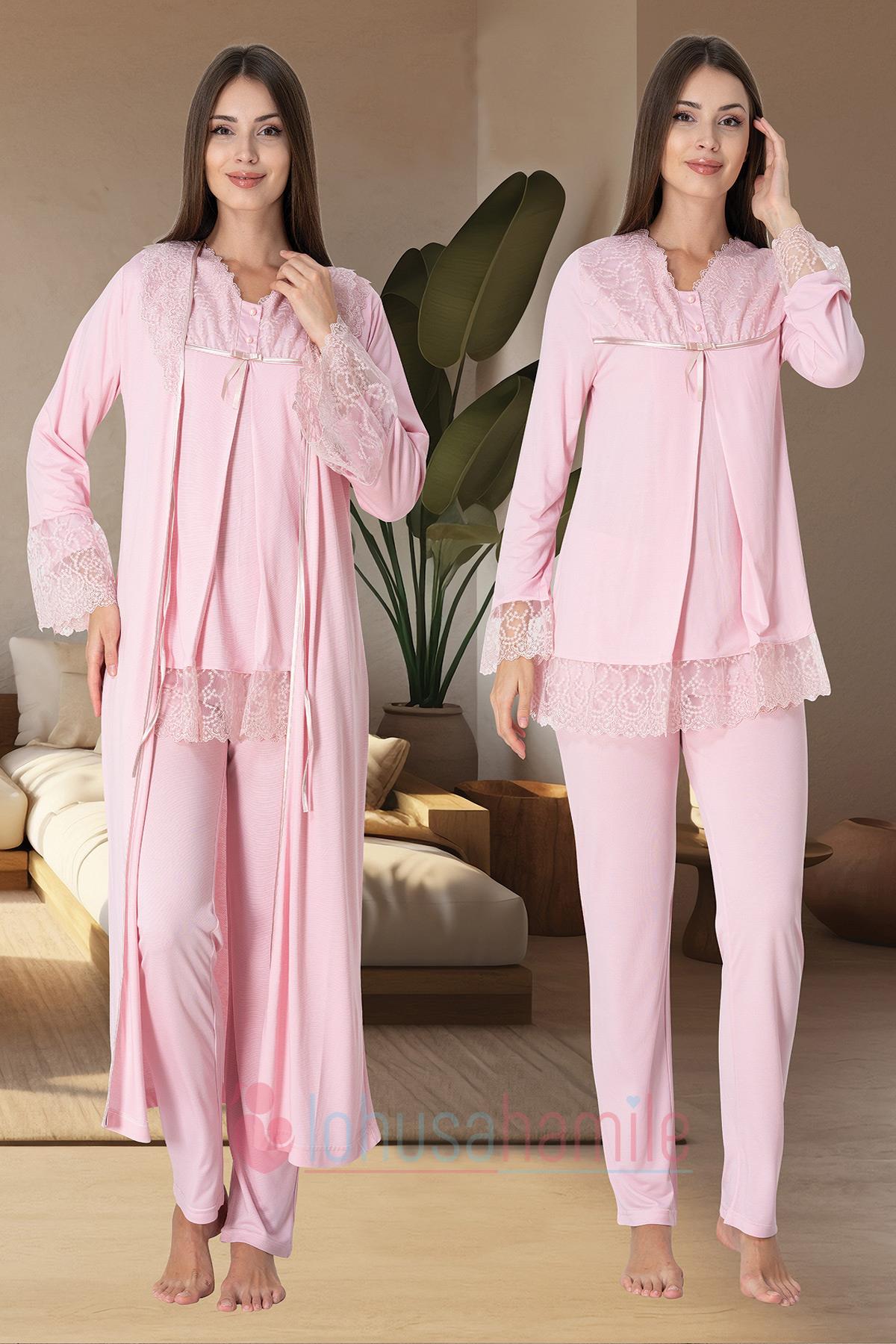Effortt 7044 Pudra Pembe Kolları Güpürlü Sabahlıklı Dantelli Lohusa Pijama Takımı