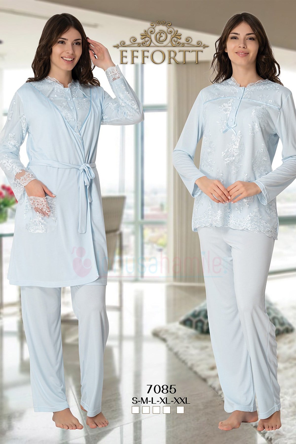 Effortt 7085 Mavi Fransız Lez Dantelli Sabahlıklı Hamile Pijama Takımı