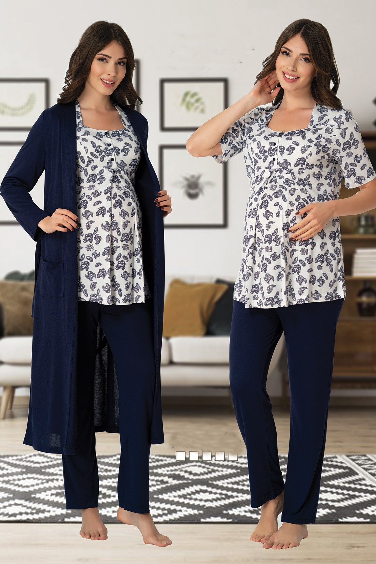 Effortt 8014 Lacivert Sabahlıklı Lohusa Pijama Takımı