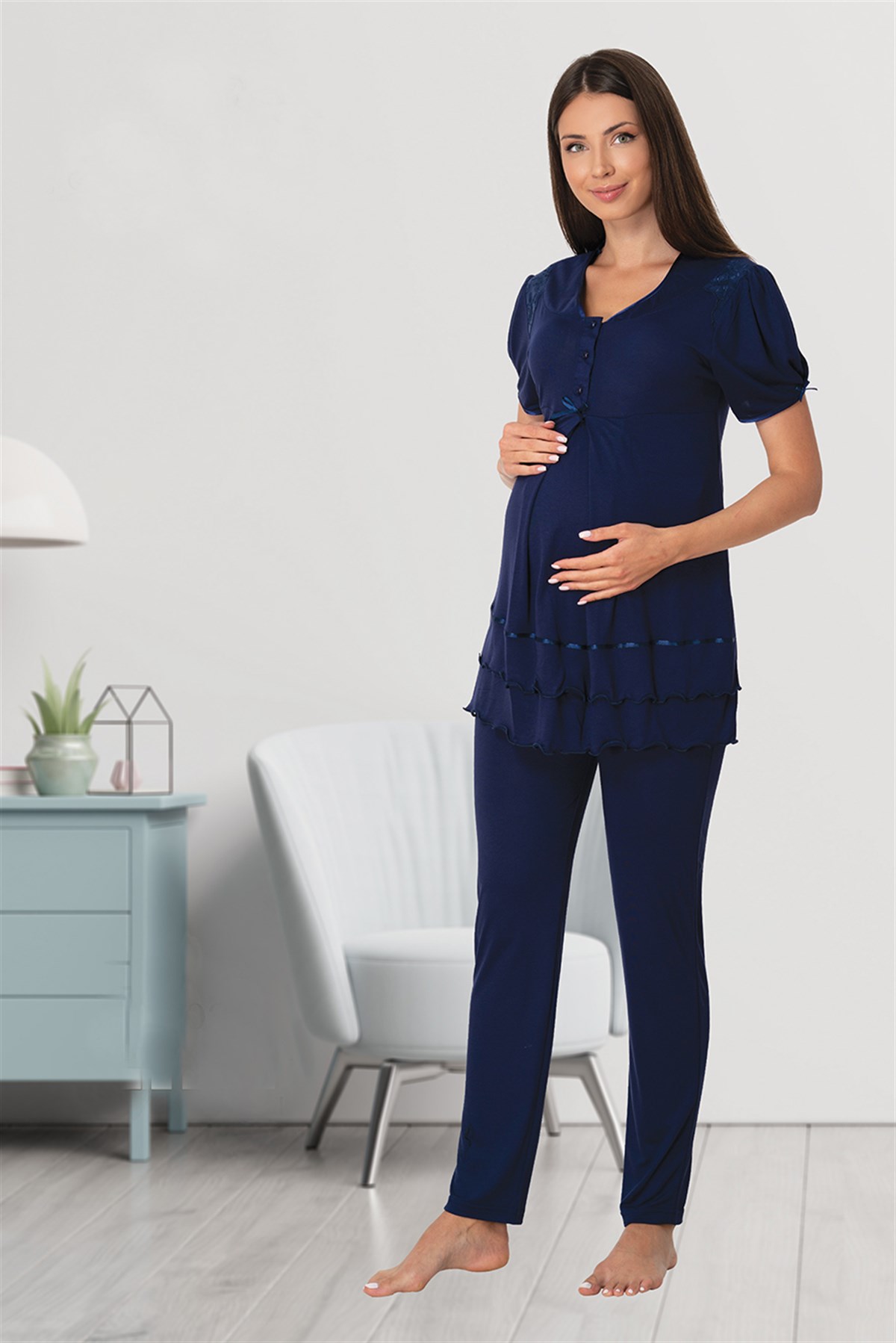 Effortt 8022 Lacivert Omuzları Dantelli Lohusa Pijama