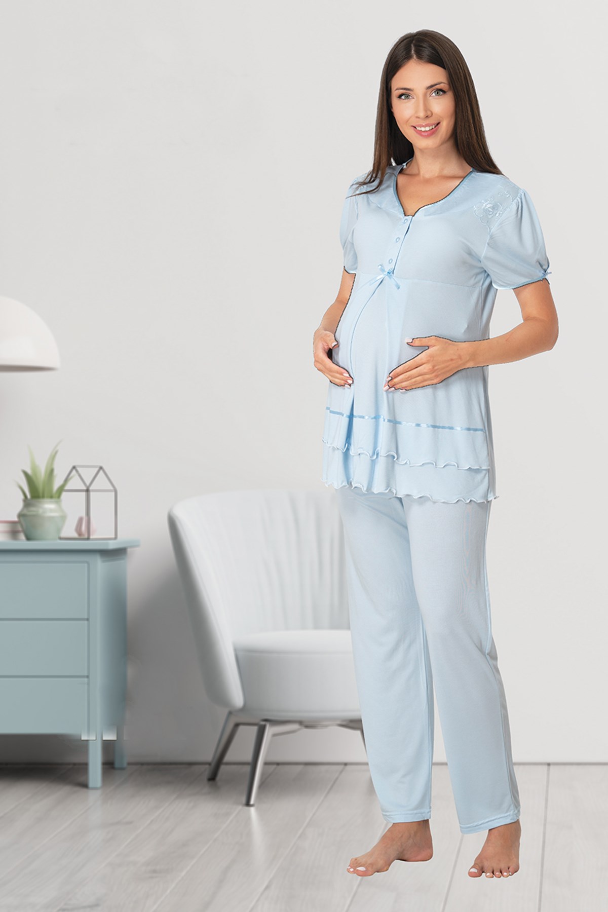 Effortt 8022 Mavi Omuzları Dantelli Lohusa Pijama