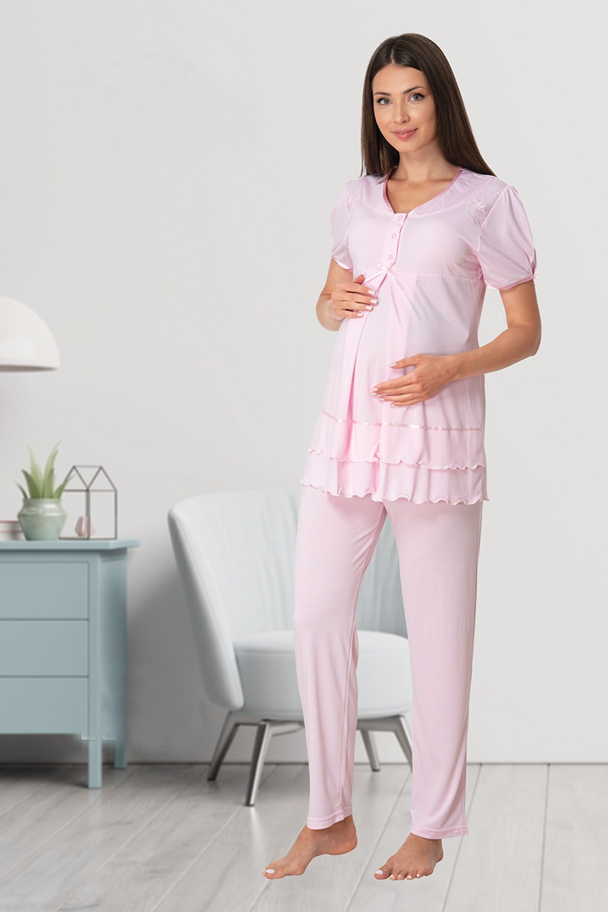 Effortt 8022 Pembe Omuzları Dantelli Lohusa Pijama