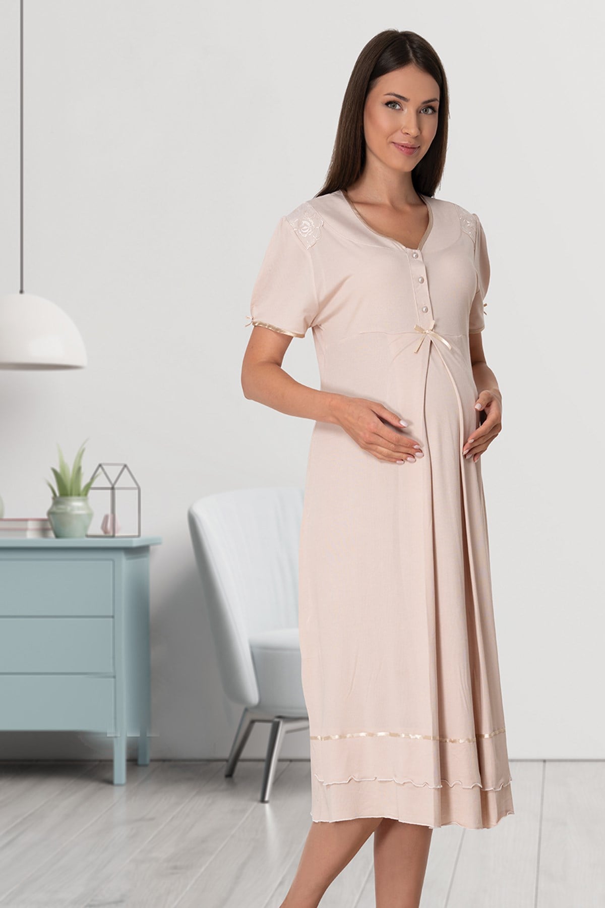 Effortt 8023 Ecru Milky Brown Lace Detailed Maternity Nightgown
