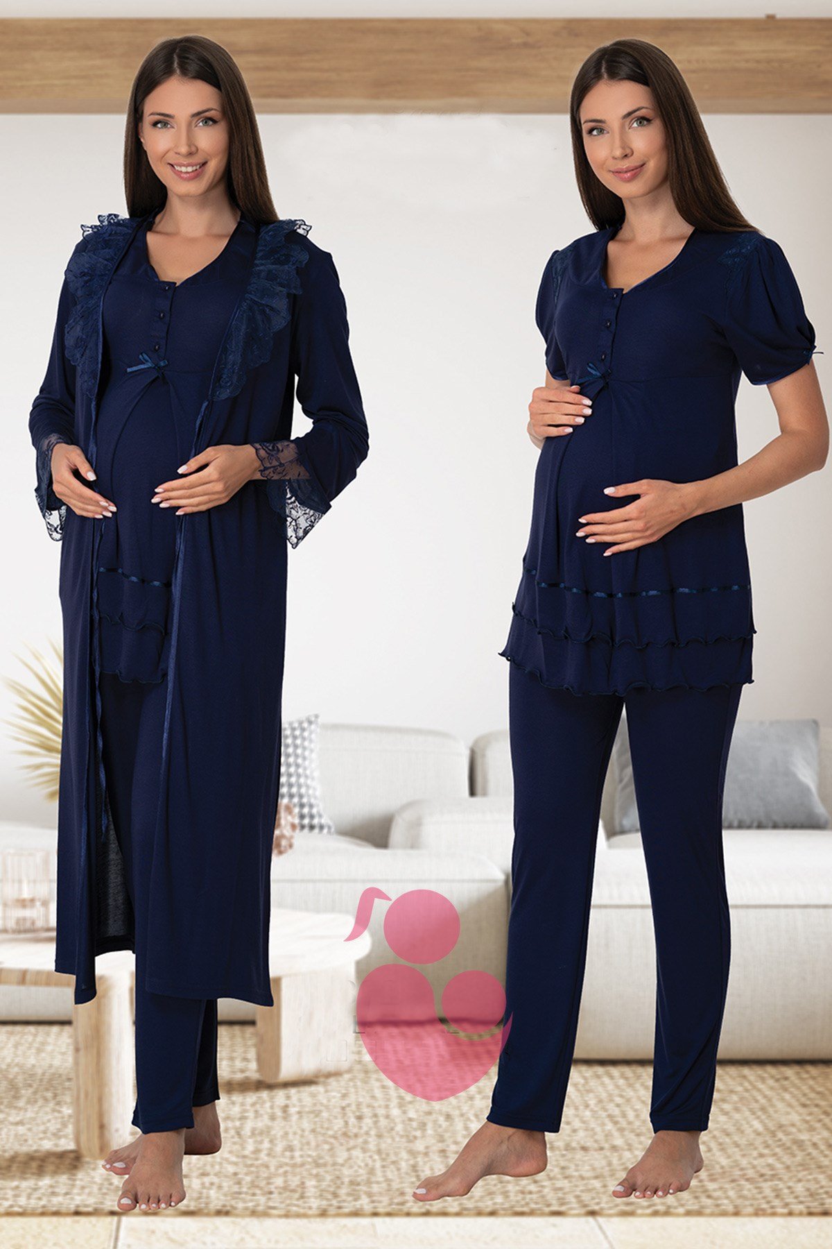 Effortt 8024 Lacivert Dantel Sabahlıklı Lohusa Pijama