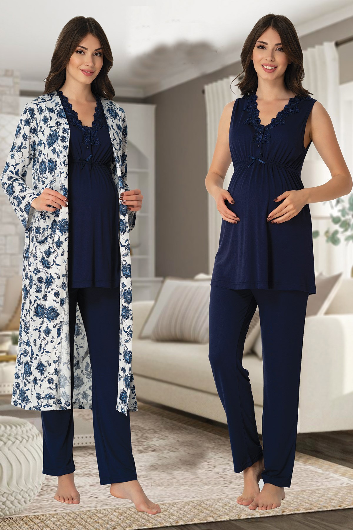 Effortt 8034 Navy Blue Patterned Maternity Pajama and Robe Set