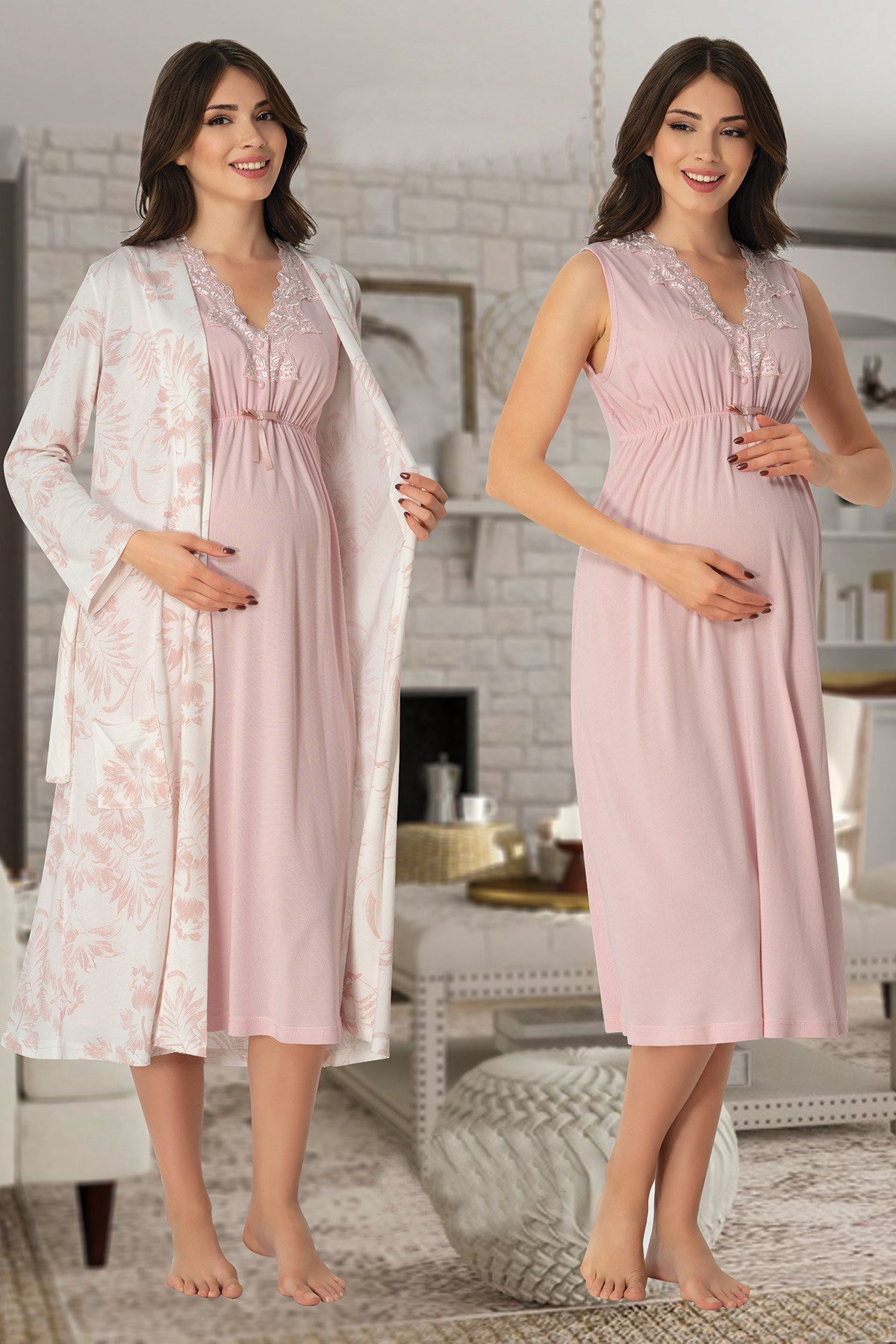 Effortt 8035 Pudra Desen Sabahlıklı Lohusa Gecelik