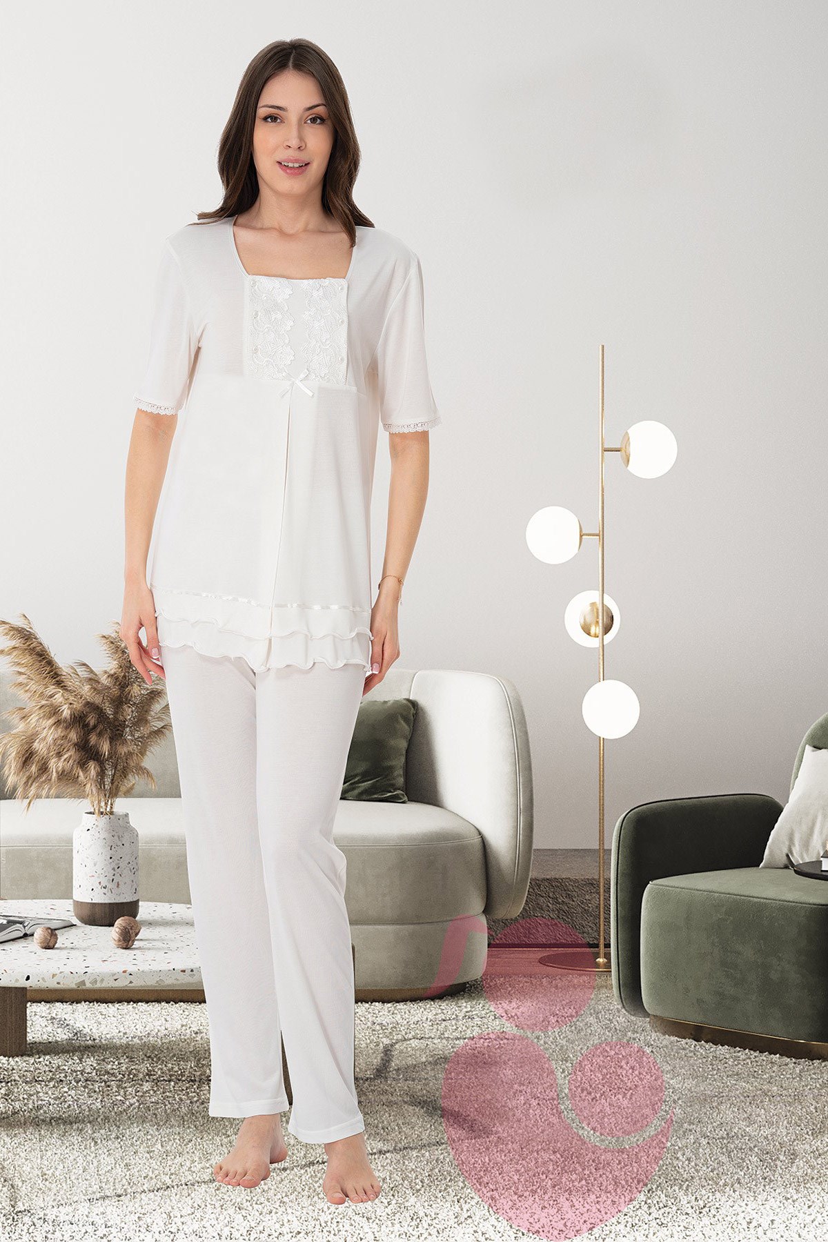 Effortt 8038 Ekru Emzirme Özellikli Lohusa Pijama Takımı