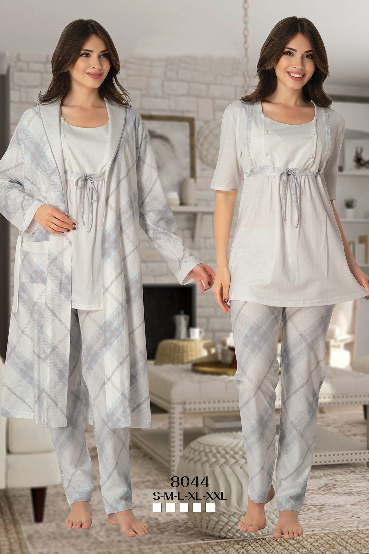 Effortt 8044 Check Mavi Sabahlıklı Lohusa Pijama 