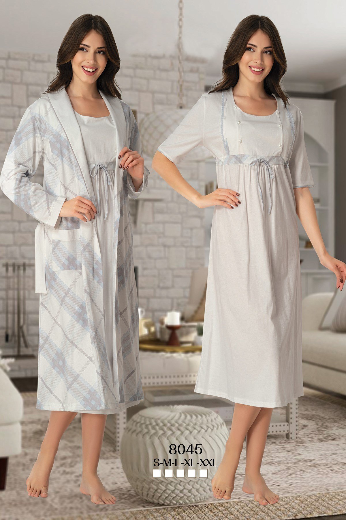 Effortt 8045 Check Mavi Sabahlıklı Lohusa Gecelik