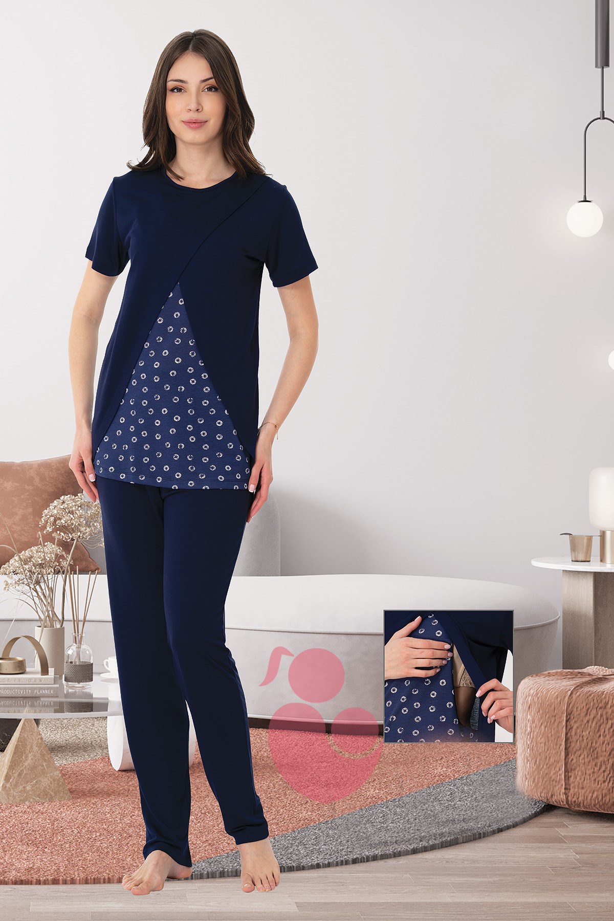 Effortt 8048 Lacivert Gizli Emzirme Özellikli Lohusa Pijama Takımı