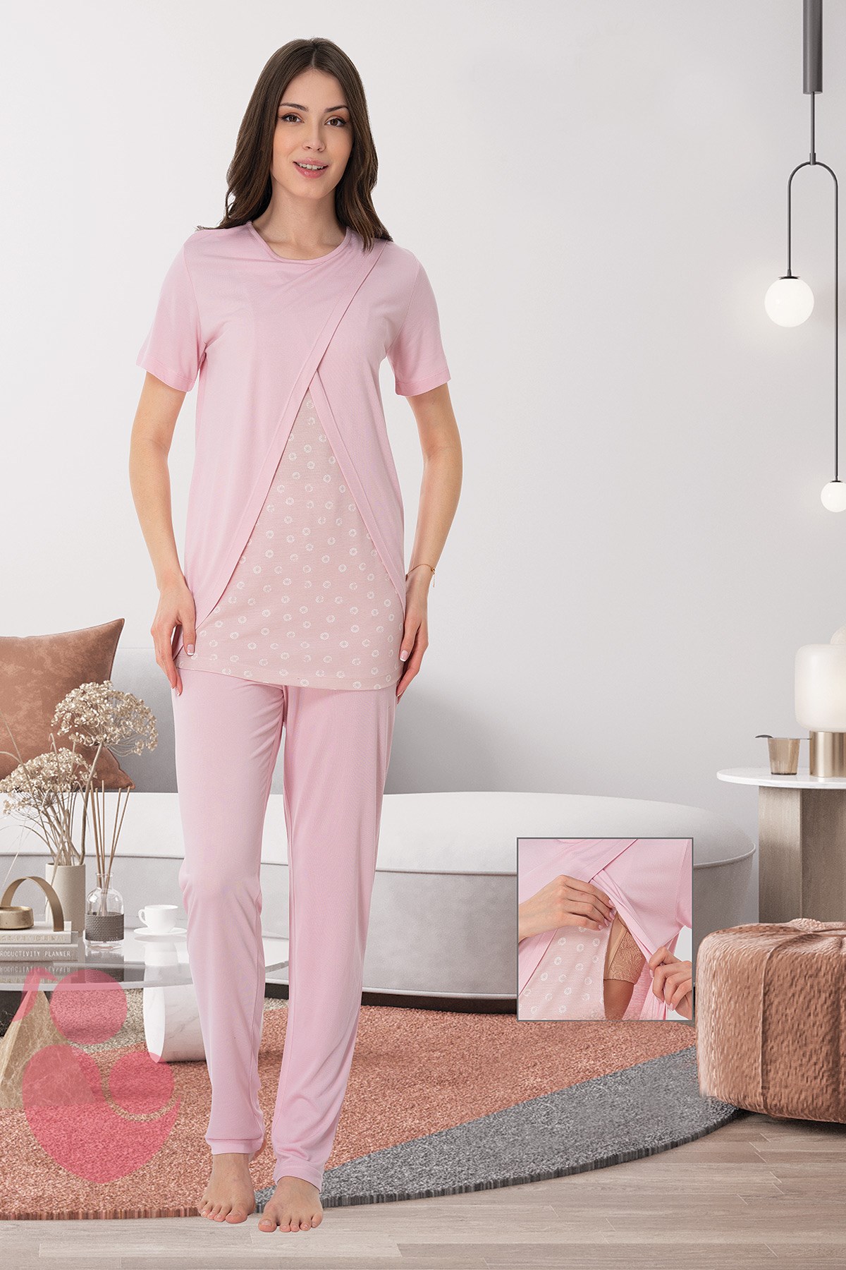Effortt 8048 Pembe Gizli Emzirme Özellikli Lohusa Pijama Takımı