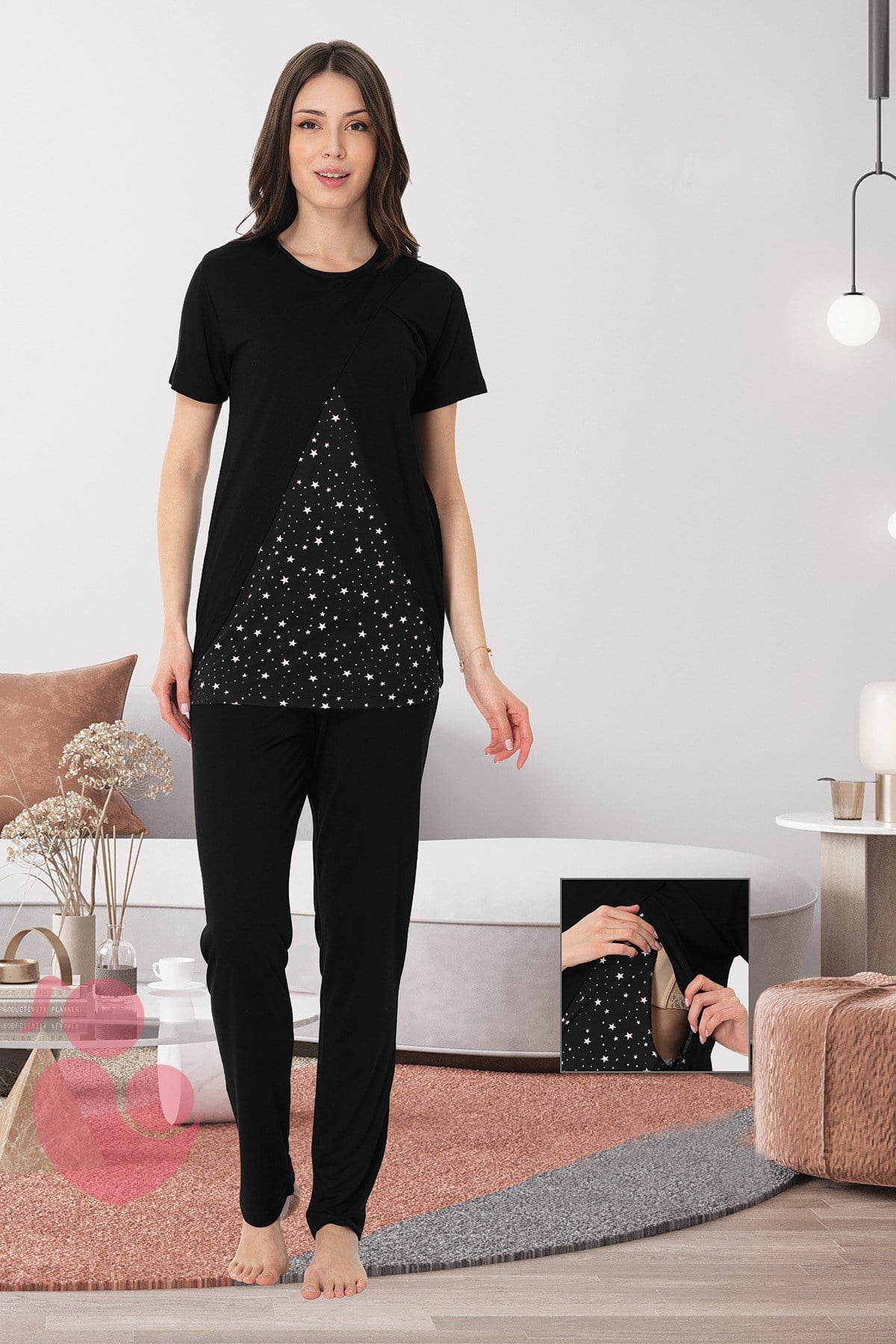 Effortt 8048 Siyah Gizli Emzirme Özellikli Lohusa Pijama Takımı