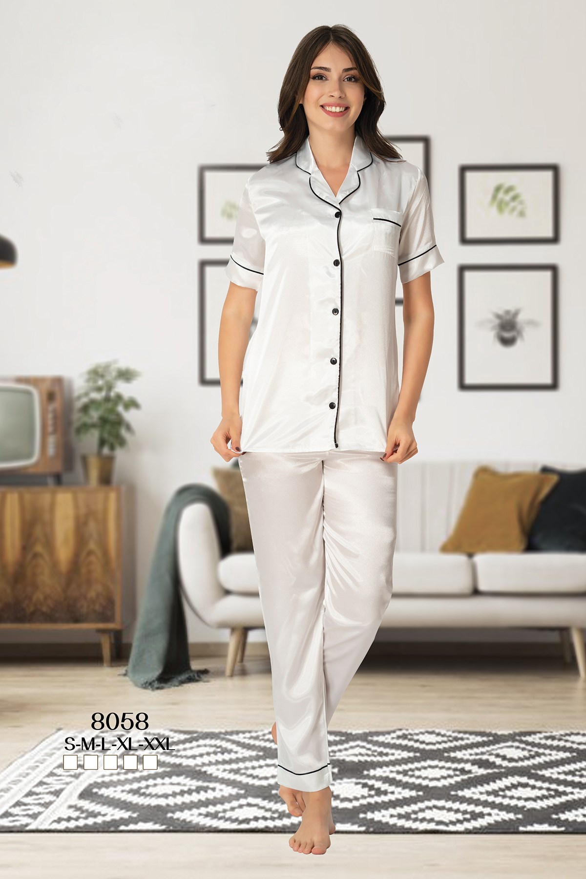 Effortt 8058 Önden Düğmeli Ekru Saten Lohusa Pijama