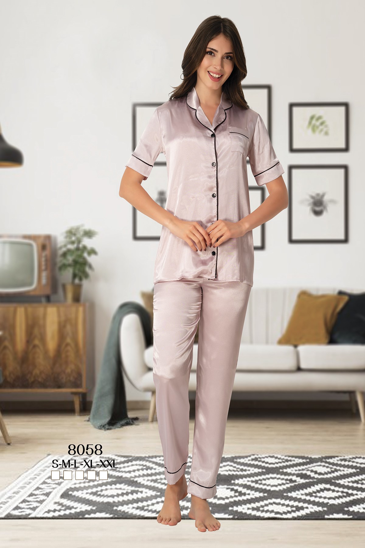 Effortt 8058 Önden Düğmeli Pudra Saten Lohusa Pijama
