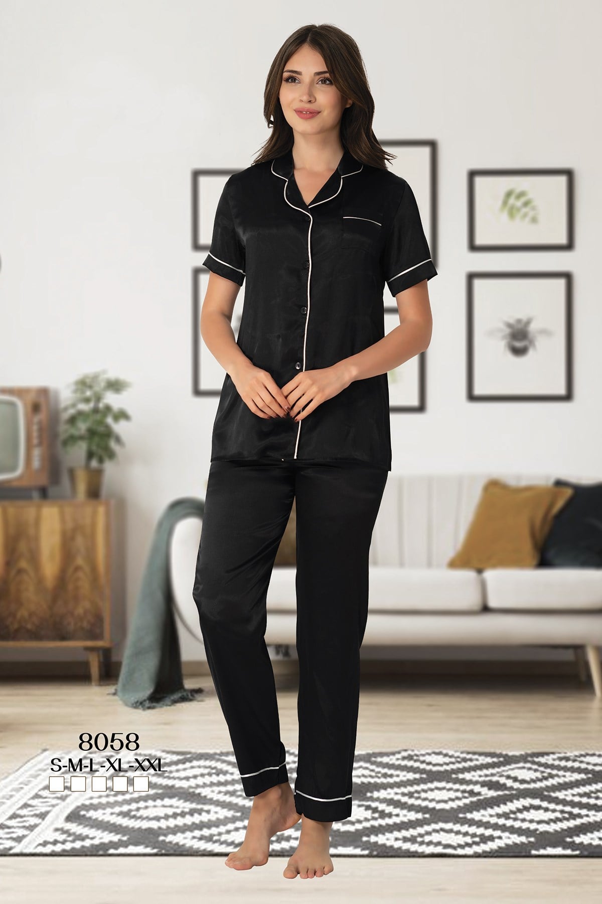 Effortt 8058 Önden Düğmeli Siyah Saten Lohusa Pijama