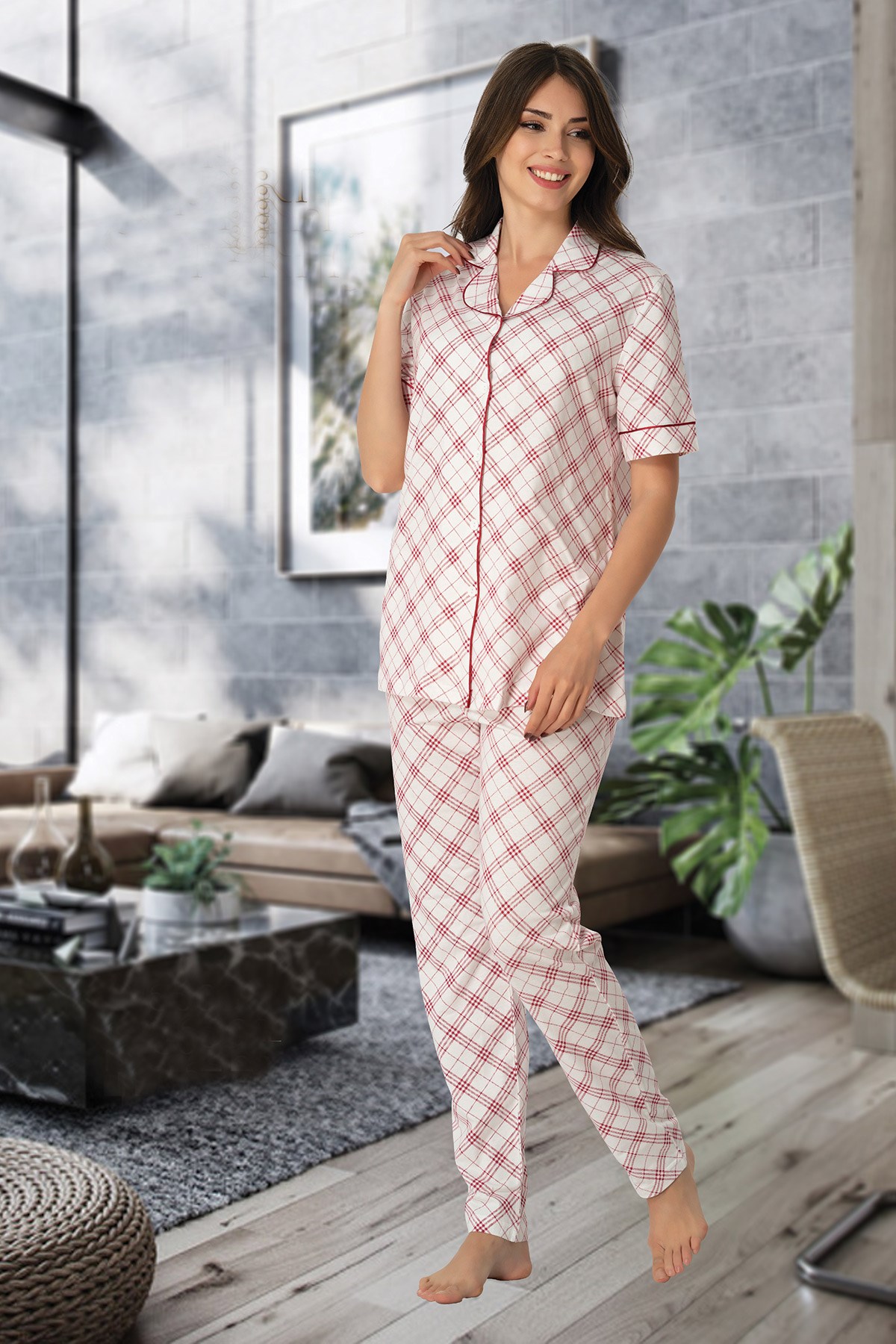 Effortt 8068 Bordo Detaylı Kısa Kol Önden Düğmeli Pijama