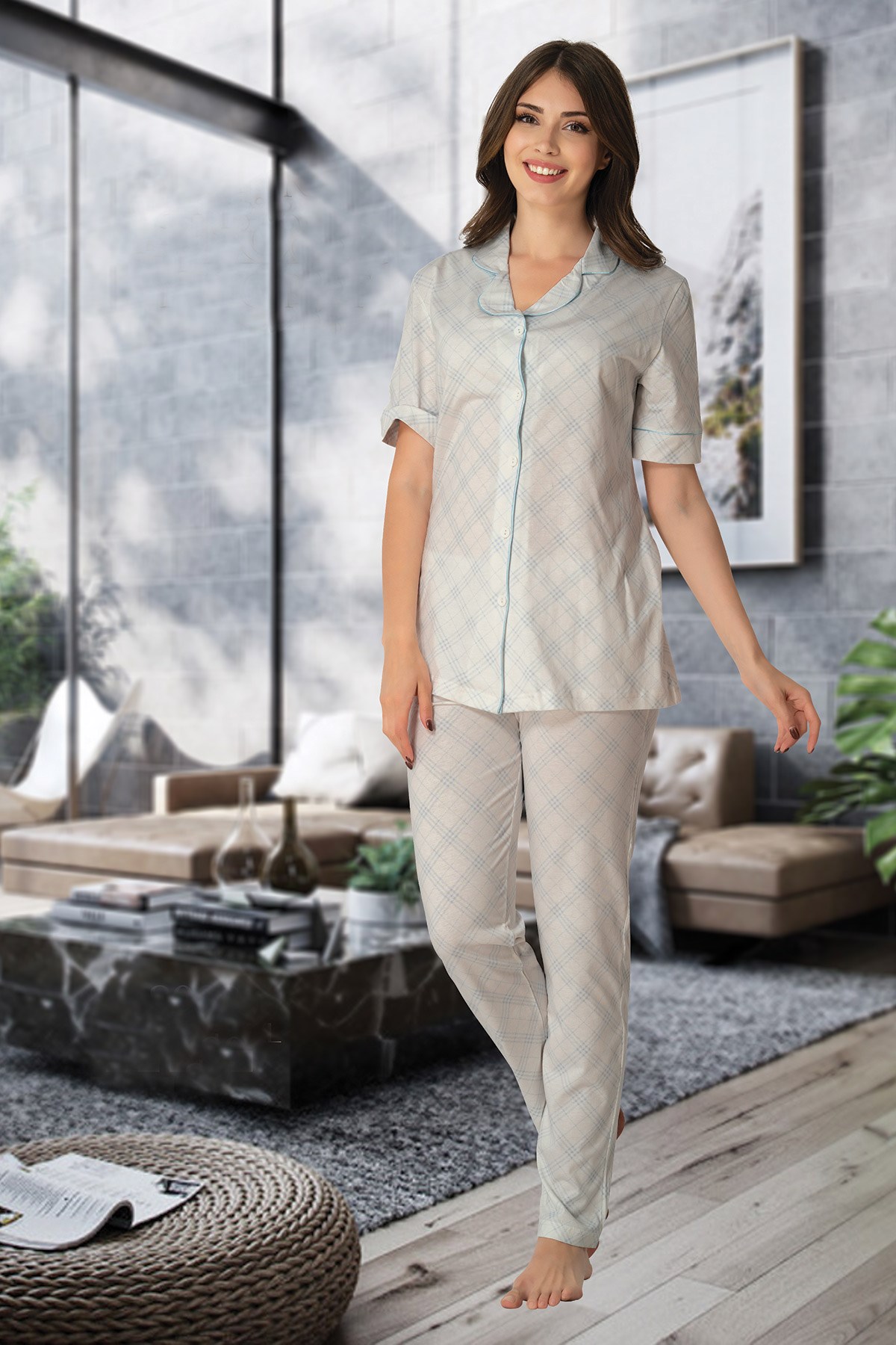 Effortt 8068 Mavi Detaylı Kısa Kol Önden Düğmeli Pijama