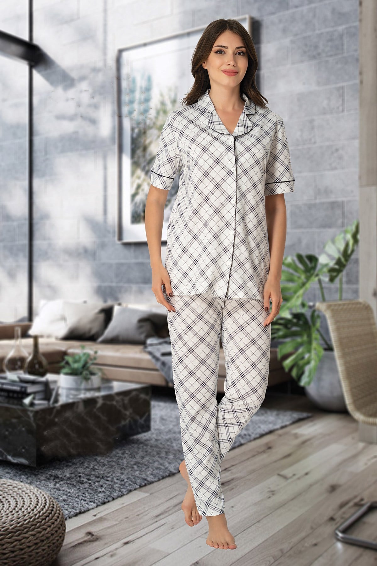 Effortt 8068 Siyah Detaylı Kısa Kol Önden Düğmeli Pijama
