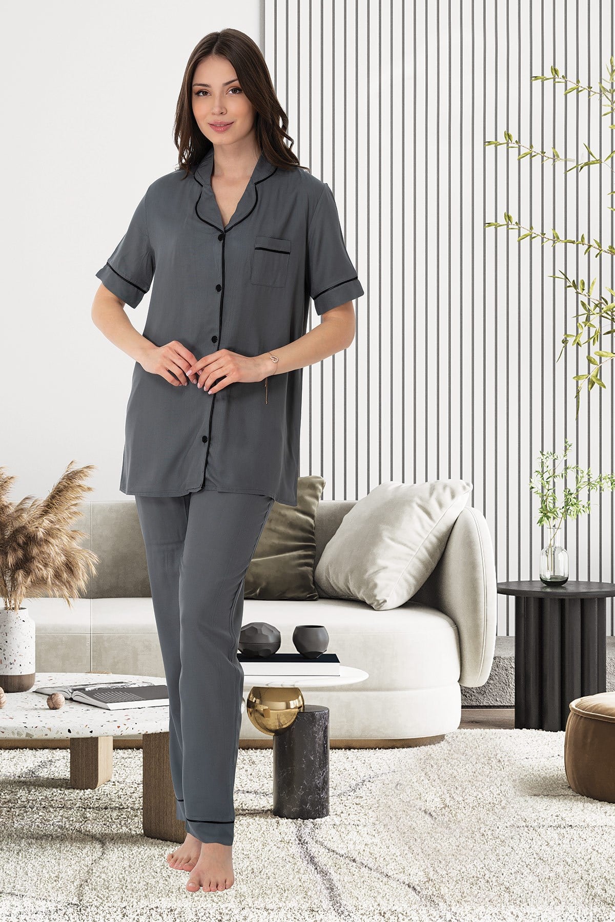 Effortt 8069 Füme Kısa Kol Önden Düğmeli Lohusa Pijama Takımı