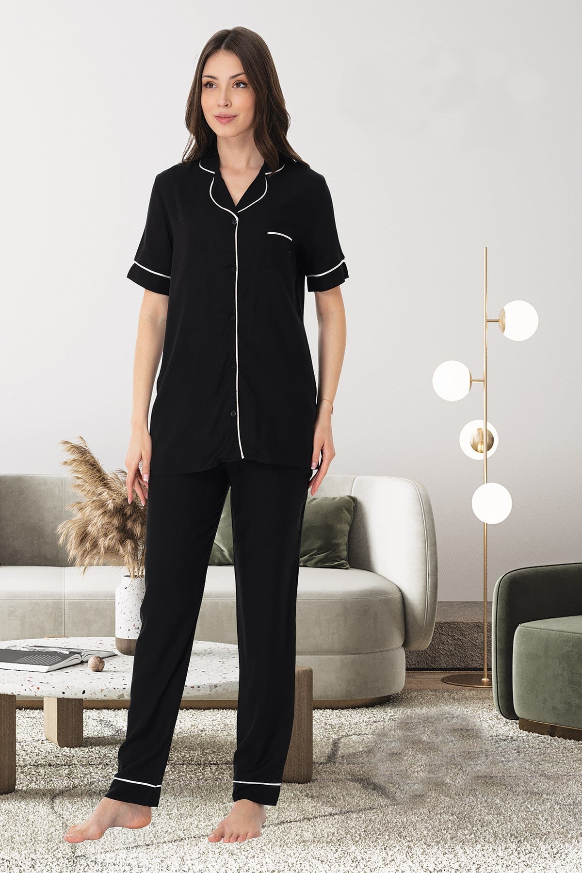Effortt 8069 Siyah Kısa Kol Önden Düğmeli Lohusa Pijama Takımı