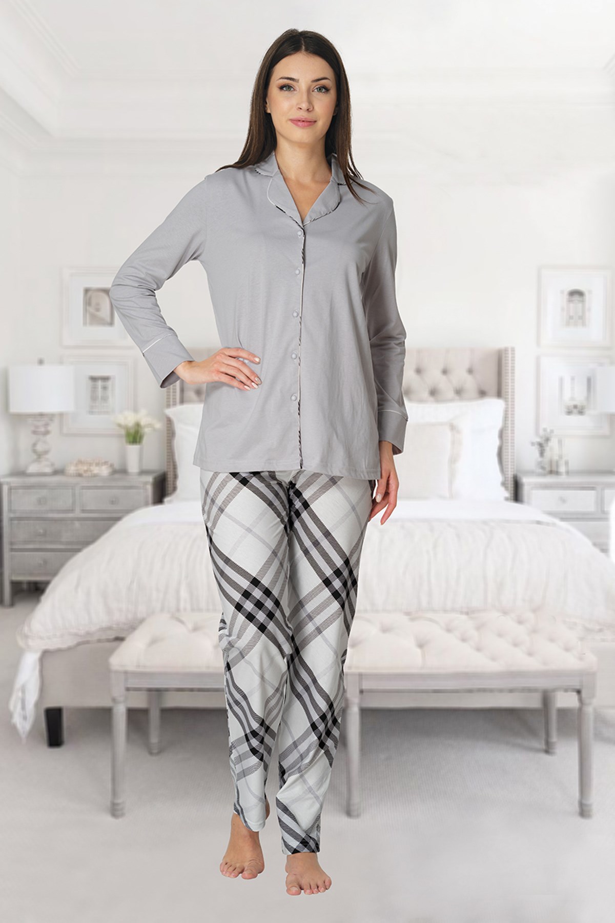 Effortt 8072 Gri Önden Düğmeli Lohusa Pijama Takımları