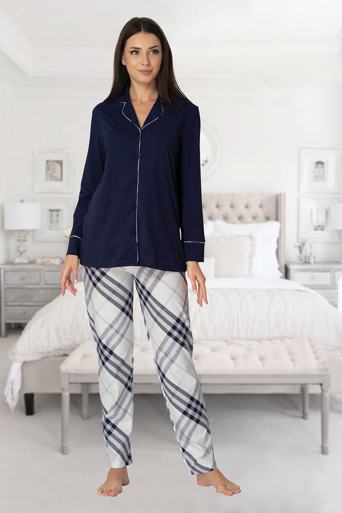 Effortt 8072 Lacivert Önden Düğmeli Lohusa Pijama Takımları