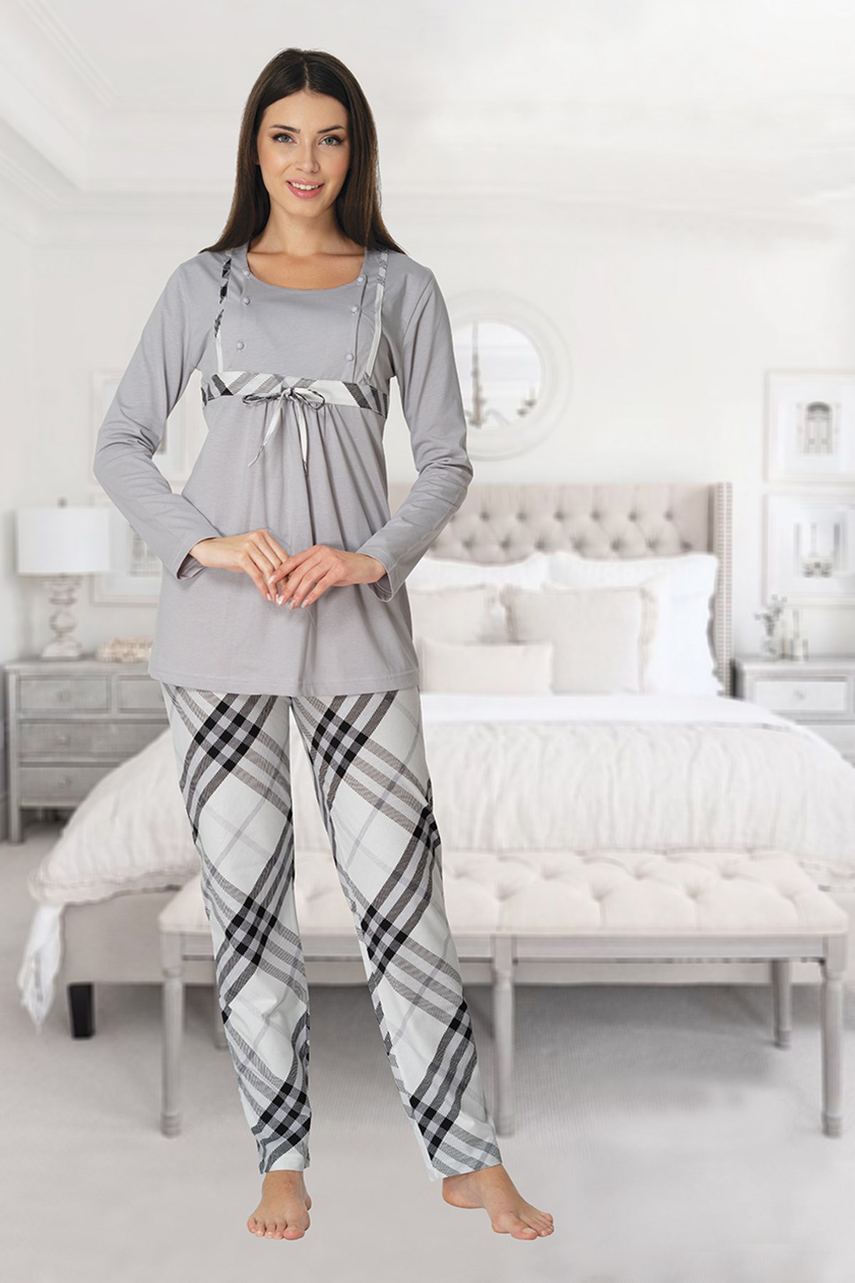 Effortt 8082 Gri Emzirme Özellikli Lohusa Pijama