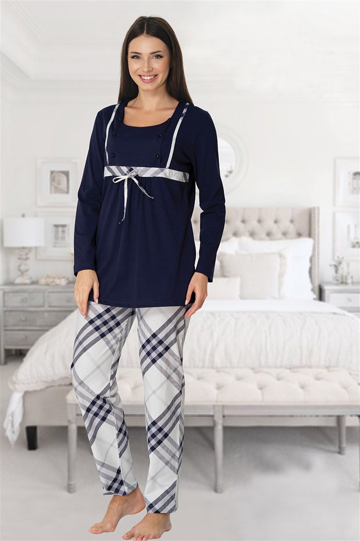 Effortt 8082 Lacivert Emzirme Özellikli Lohusa Pijama