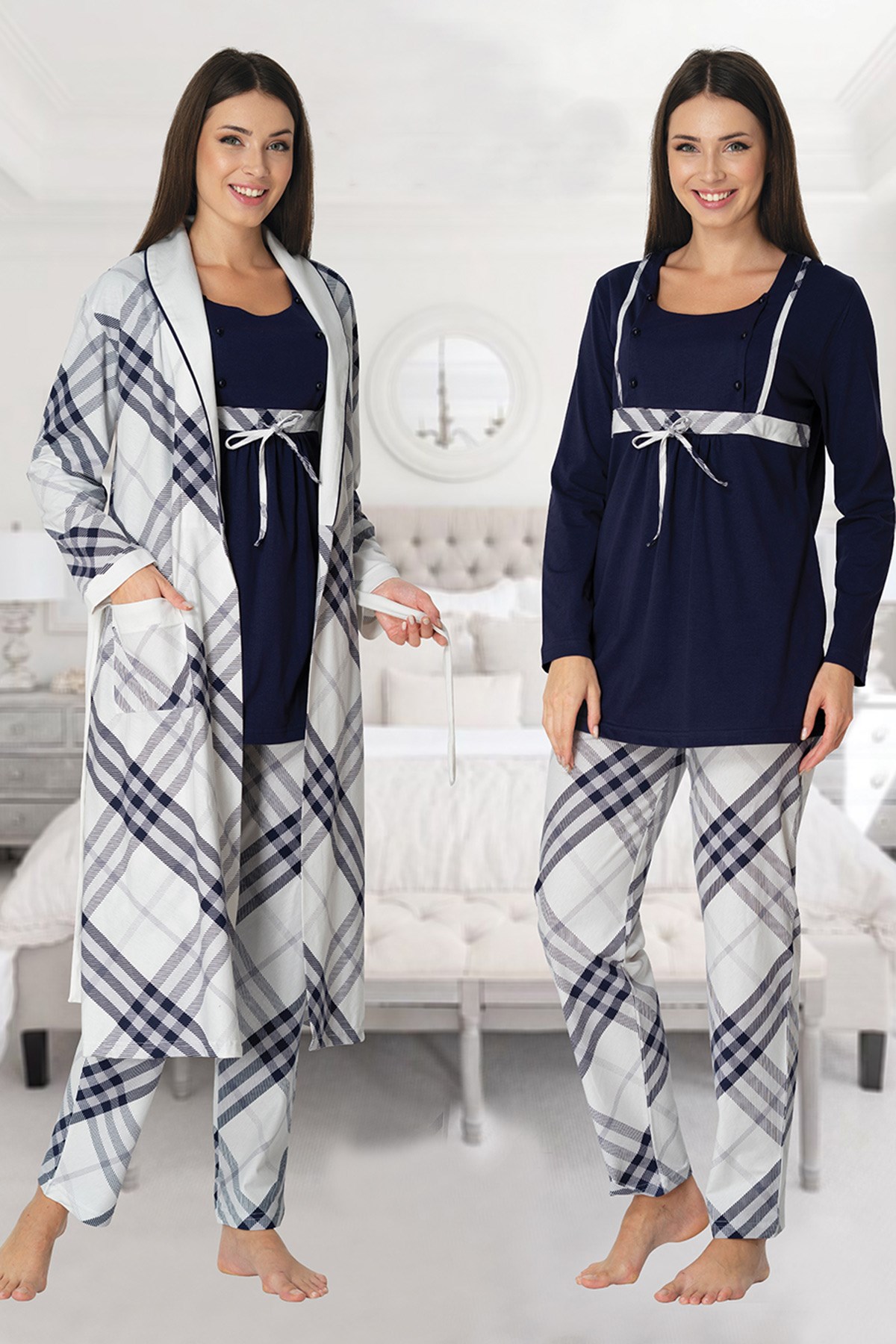 Effortt 8084 Lacivert Check Sabahlıklı Lohusa Pijama