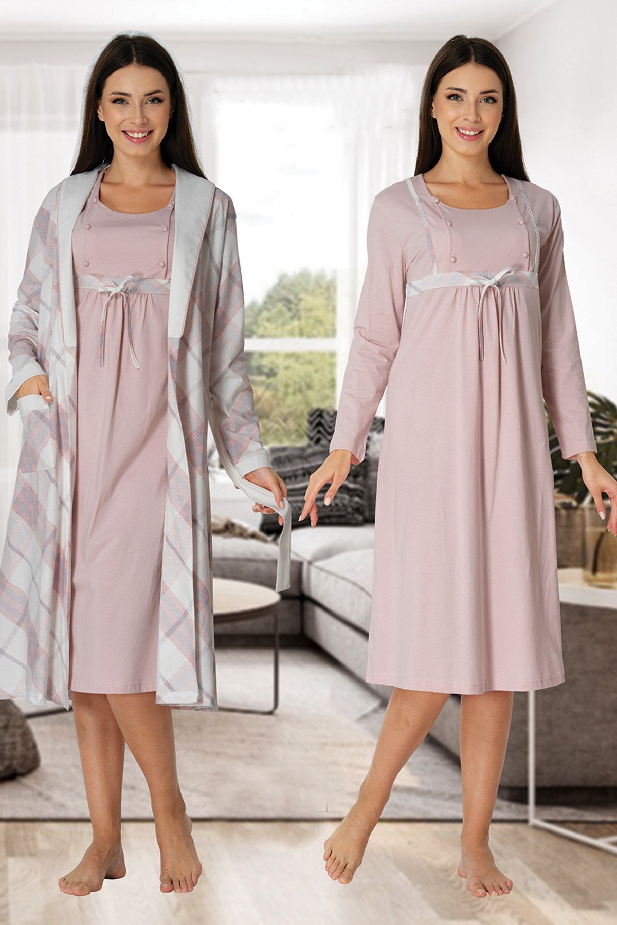 Effortt 8085 Powder Color Check Maternity Nightgown and Robe Set