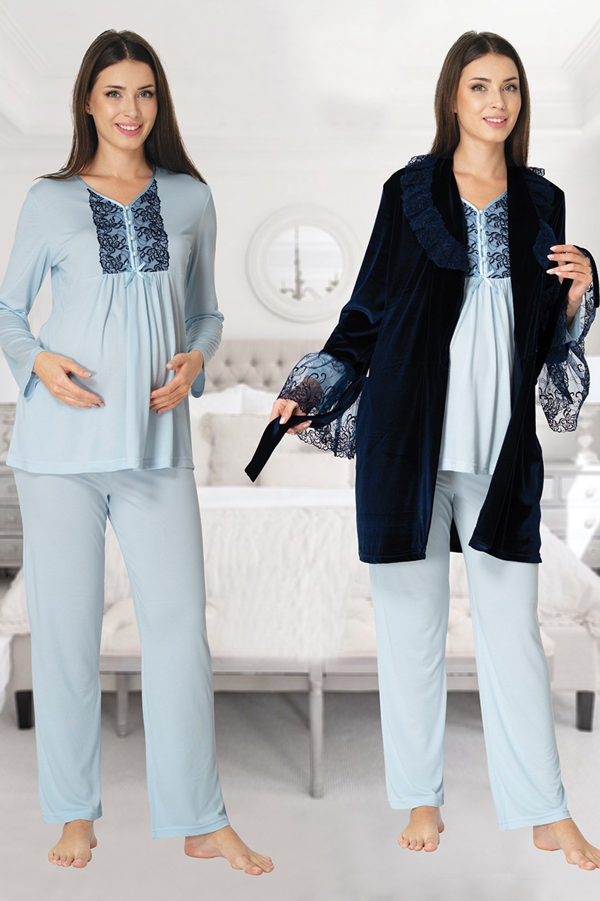 Effortt 8088 Lacivert Kadife Sabahlıklı Dantelli Lohusa Pijama Takımı