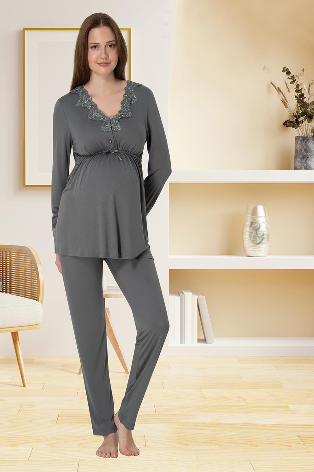 Effortt 8092 Füme Yakası Dantelli Lohusa Pijama