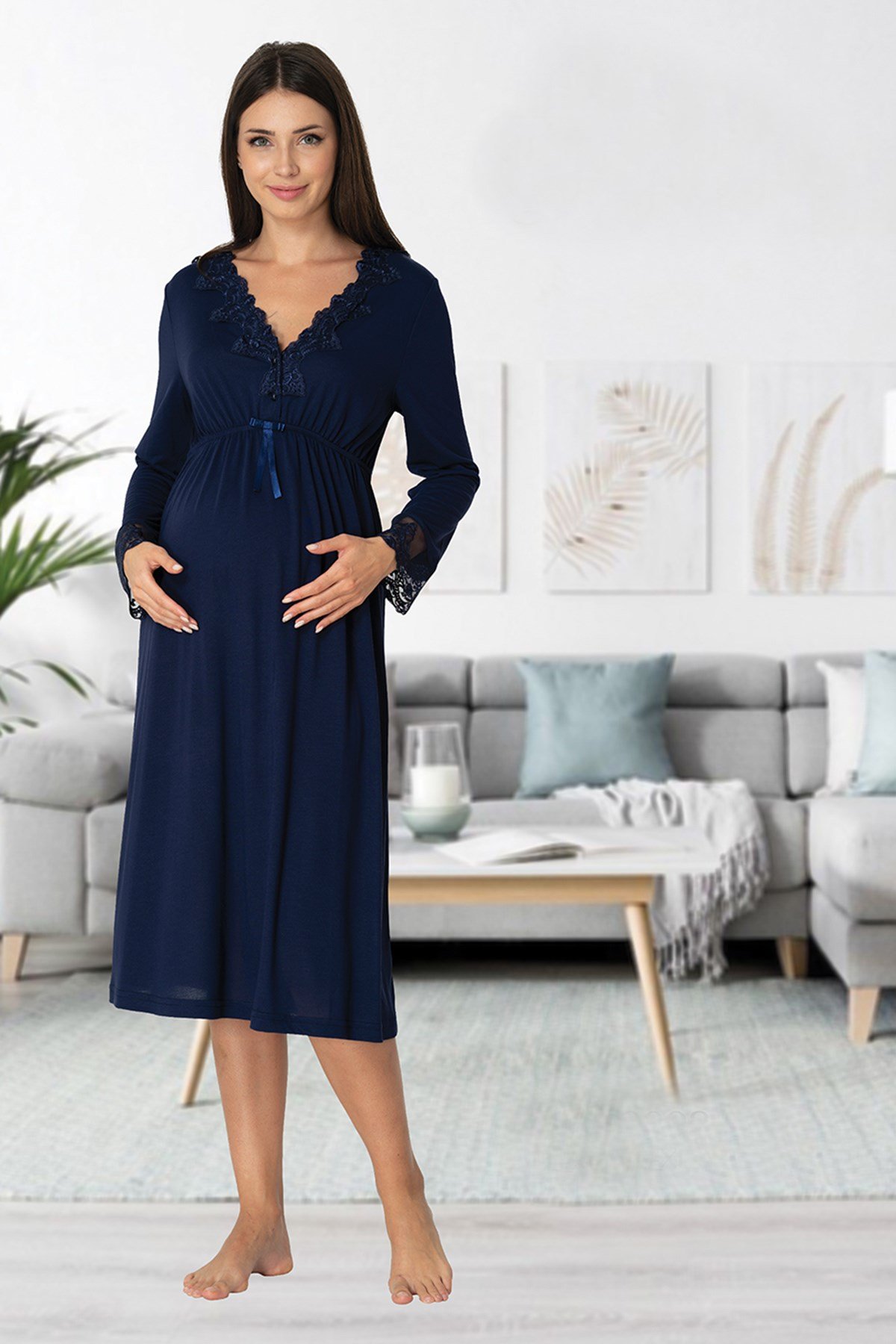 Effortt 8093 Navy Blue Lace Collar Maternity Nightgown