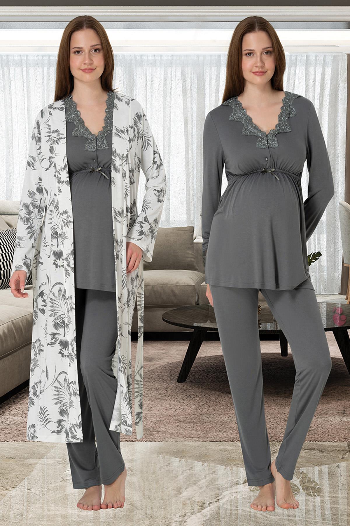 Effortt 8094 Füme Desen Sabahlıklı Lohusa Pijama