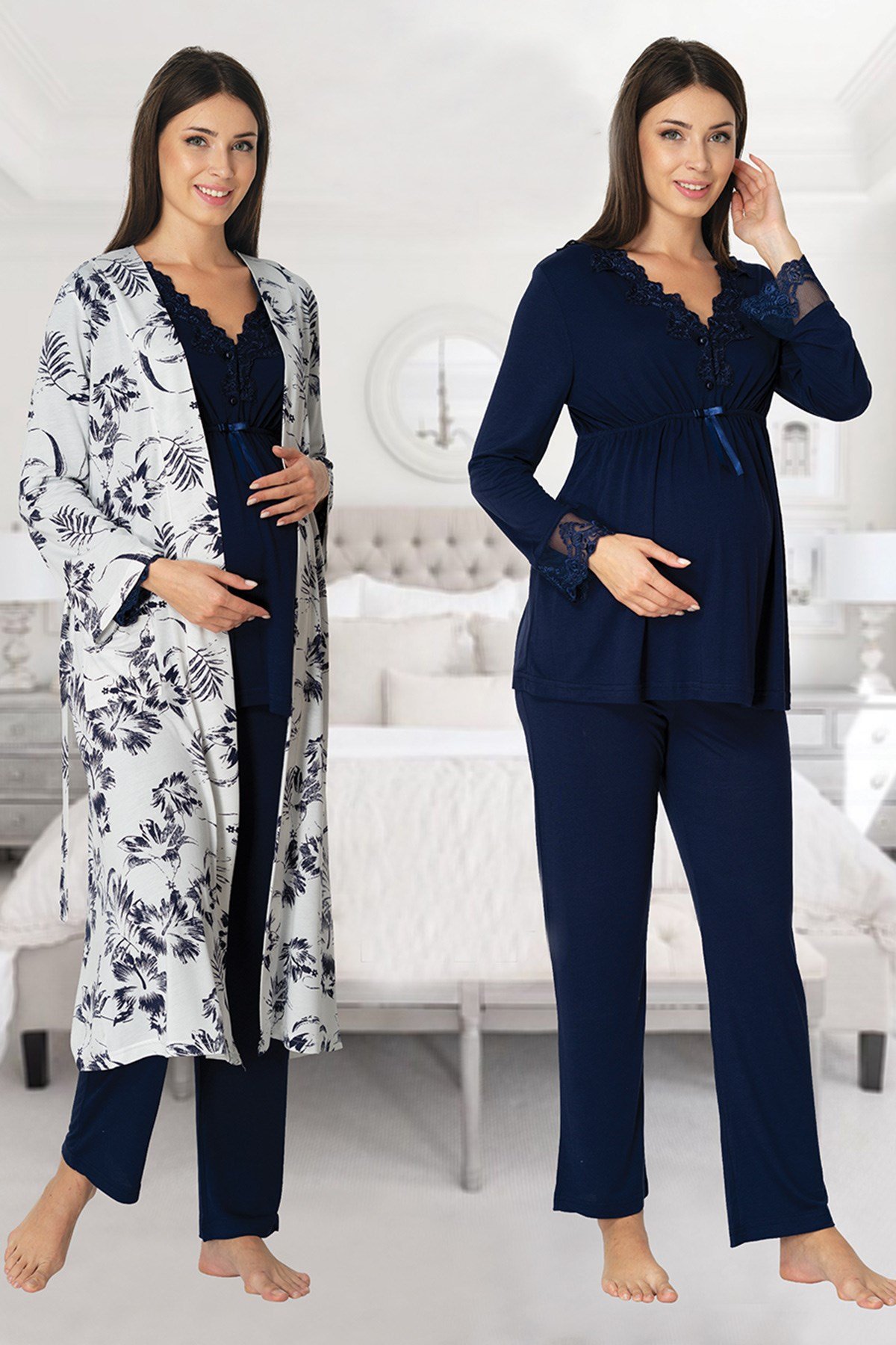 Effortt 8094 Lacivert Desen Sabahlıklı Lohusa Pijama