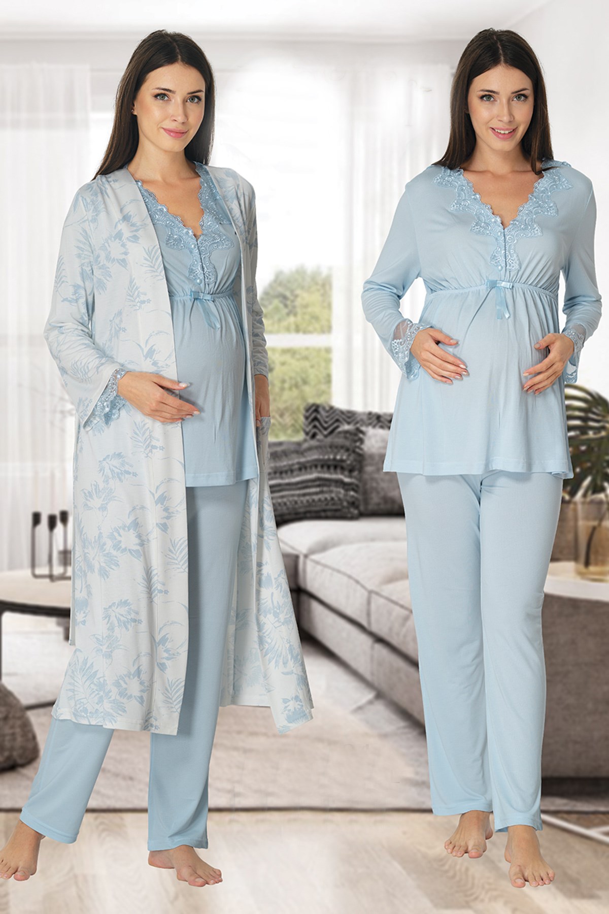 Effortt 8094 Baby Blue Patterned Maternity Pajama and Robe Set