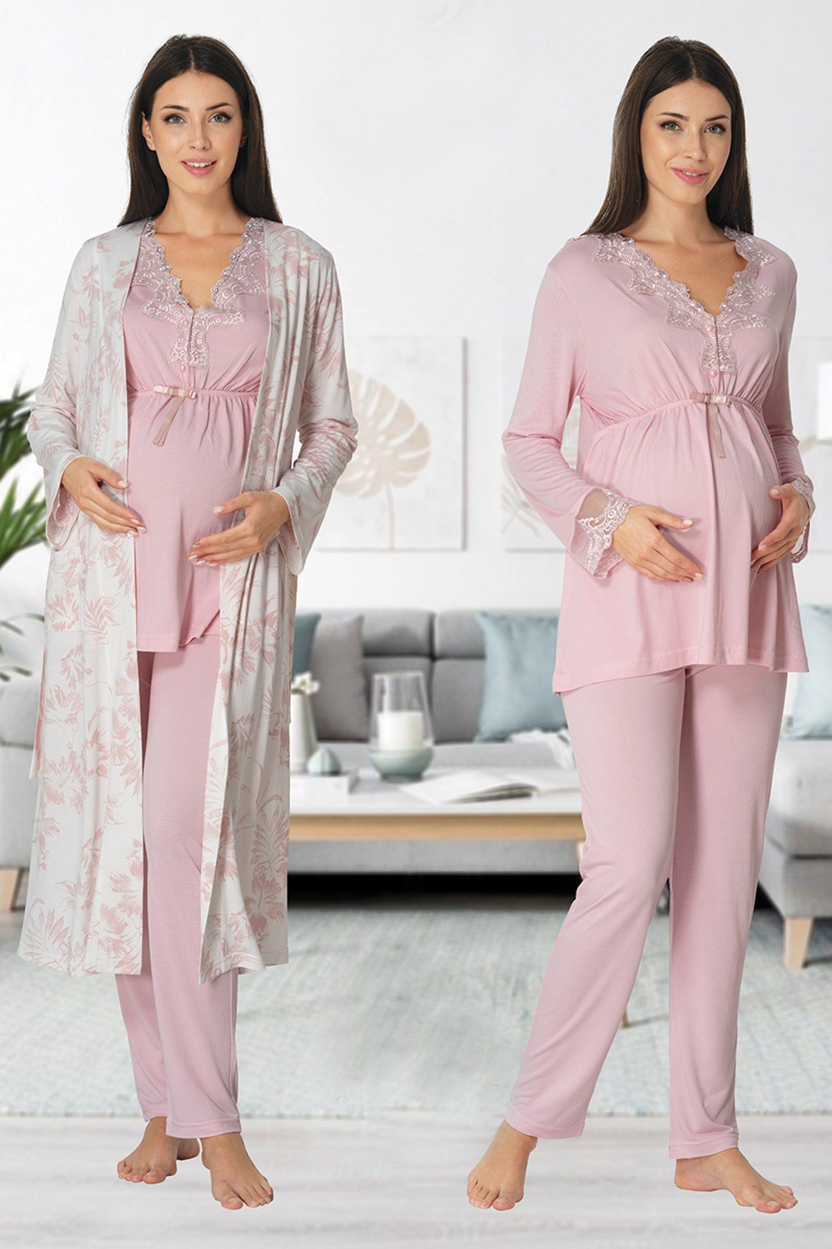 Effortt 8094 Pudra Desen Sabahlıklı Lohusa Pijama