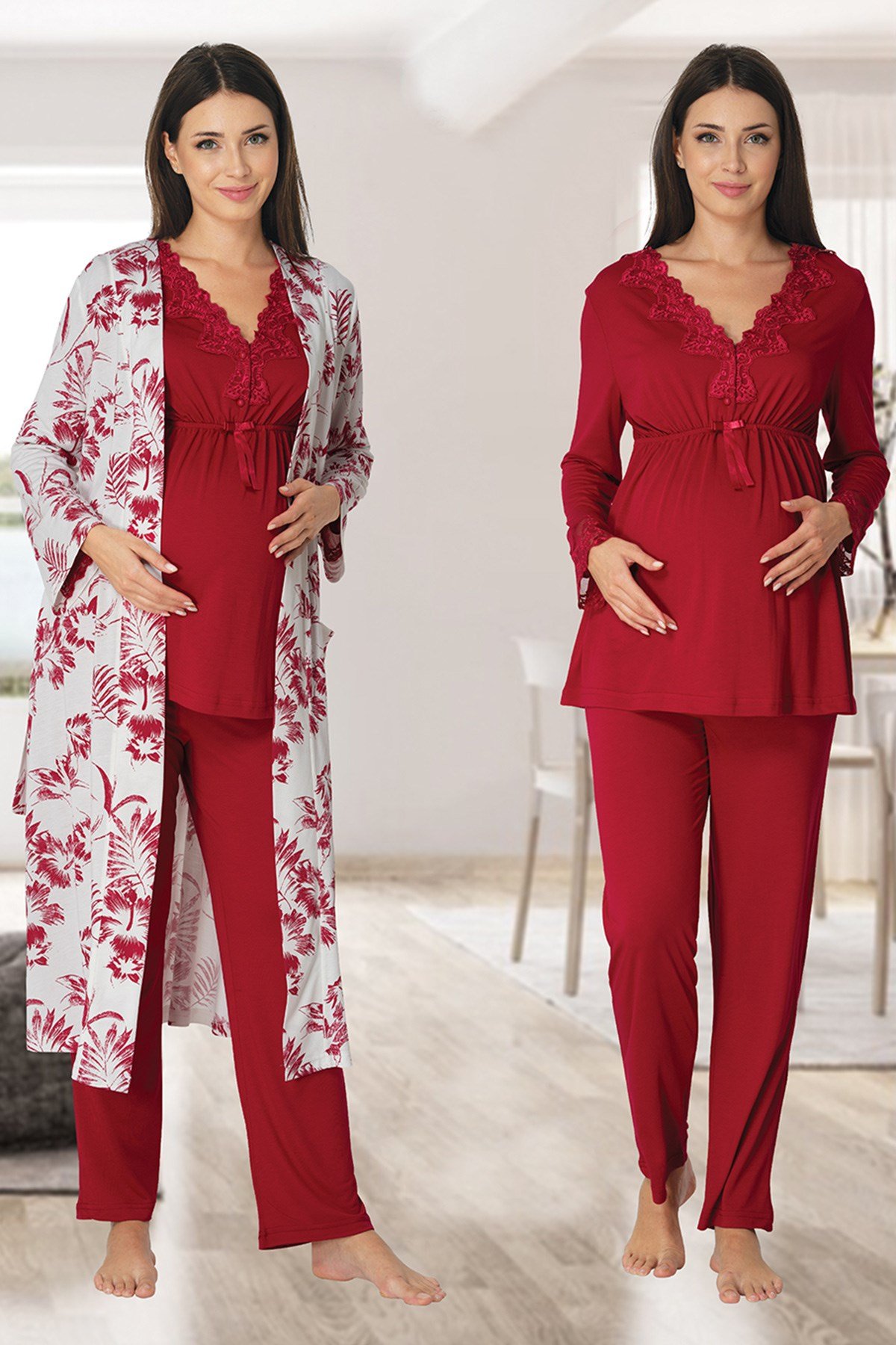 Effortt 8094 Vişne Desen Sabahlıklı Lohusa Pijama