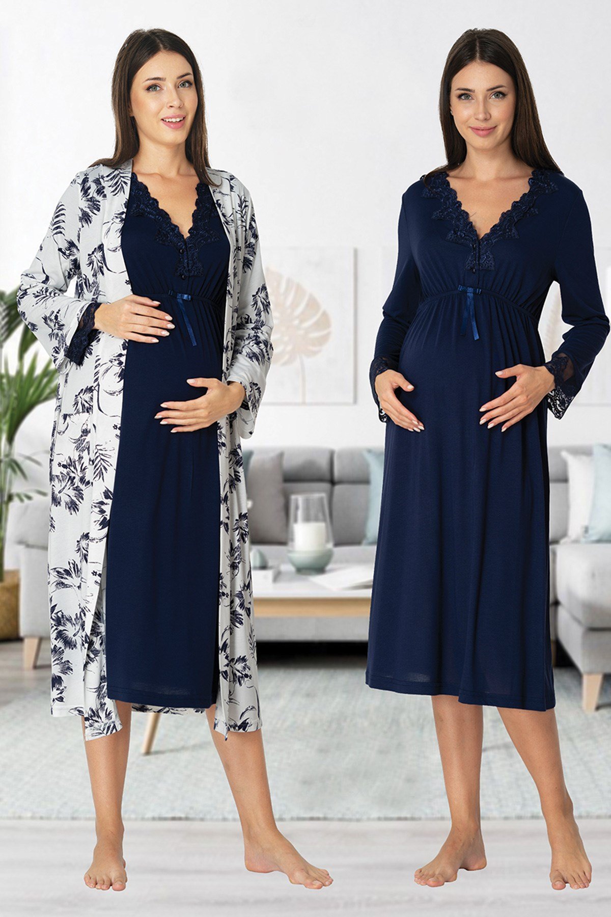 Effortt 8095 Lacivert Desen Sabahlıklı Lohusa Gecelik