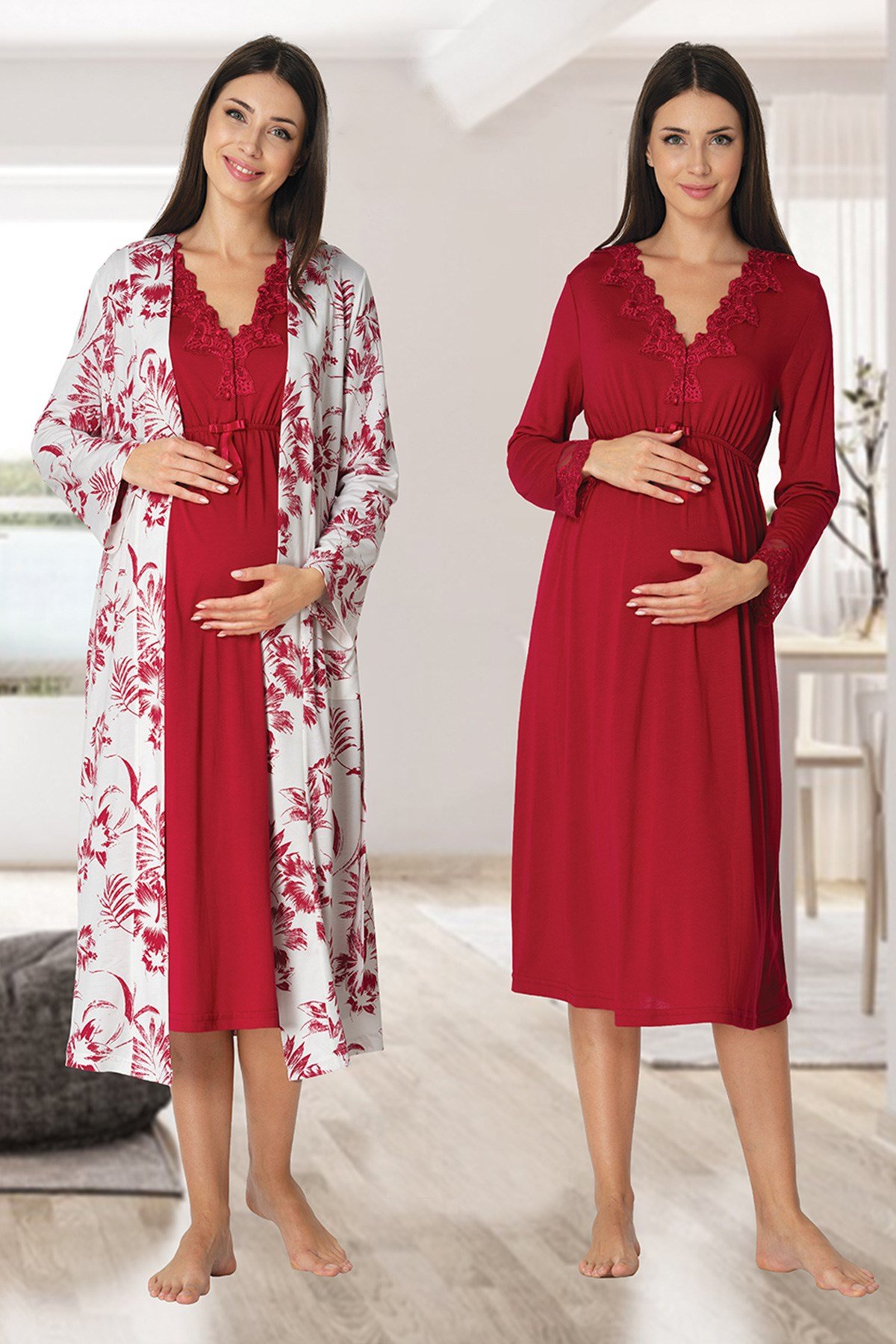 Effortt 8095 Vişne Desen Sabahlıklı Lohusa Gecelik