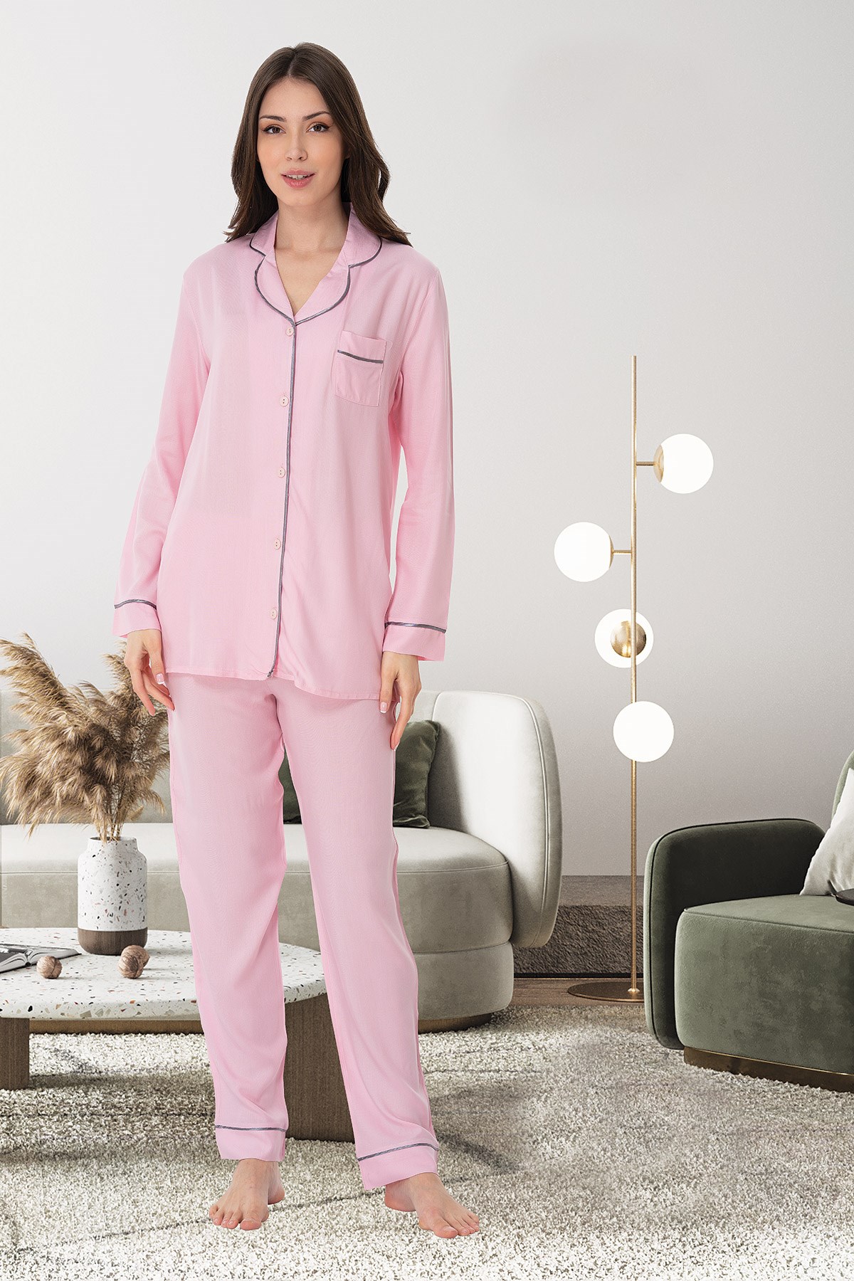 Effortt 8097 Pembe Önden Düğmeli Lohusa Pijama Takımı