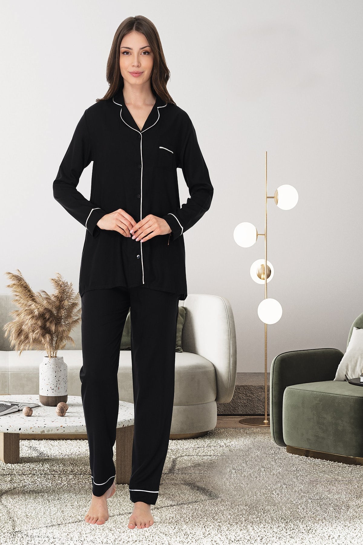 Effortt 8097 Siyah Önden Düğmeli Lohusa Pijama Takımı
