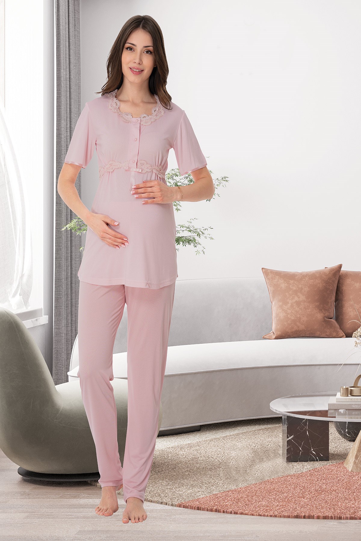 Effortt 9002 Pudra Yakası Dantel Detaylı Lohusa Pijama Takımı