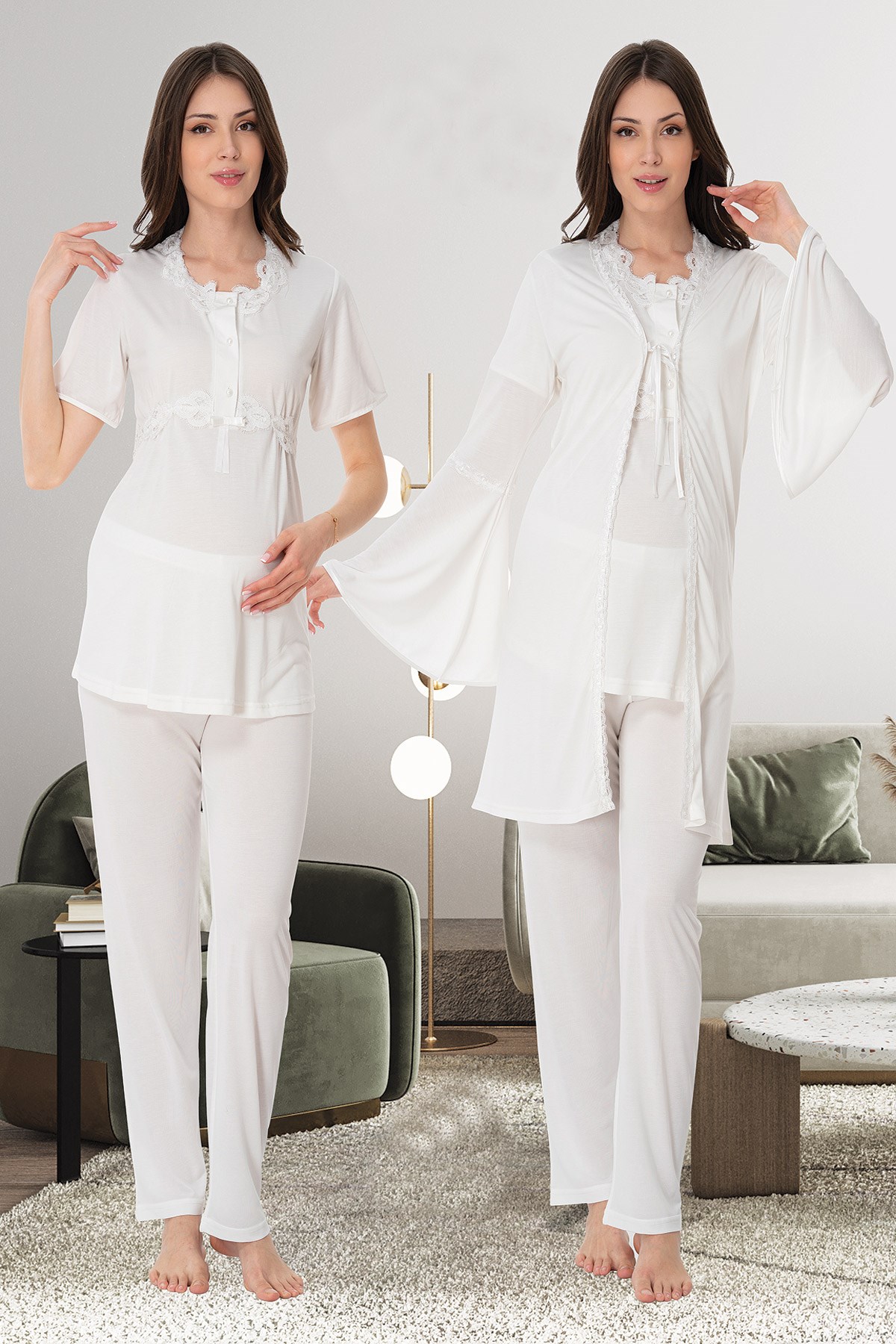 Effortt 9004 Ekru Kolları Volanlı Dantel Sabahlıklı Lohusa Pijama Takımı